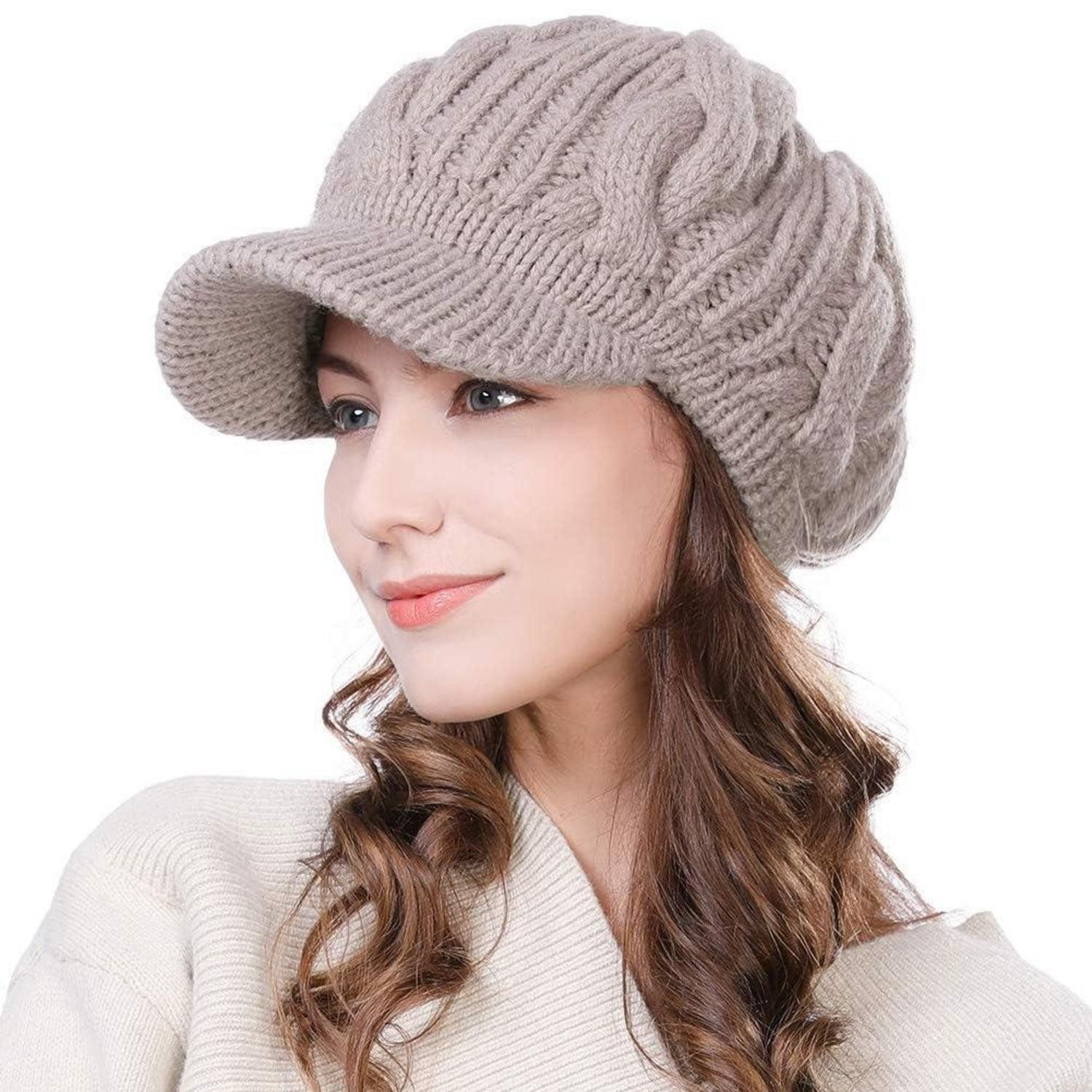 LuxusKollektion Schirmmütze Strickmütze Damen Merinowolle Beanie Beige (1-St)