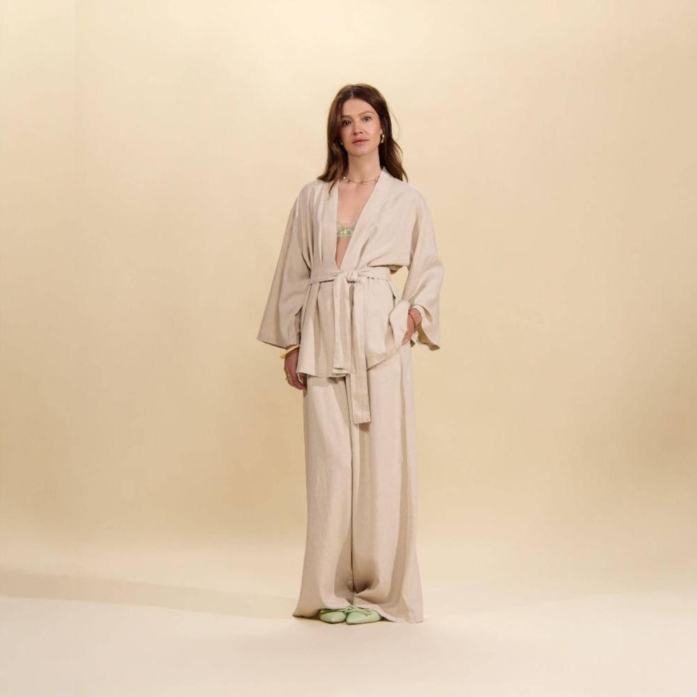 Essenza Kimono Mina Uni von ESSENZA, kurz, Leinen-Viskose-Mix, Bindegürtel