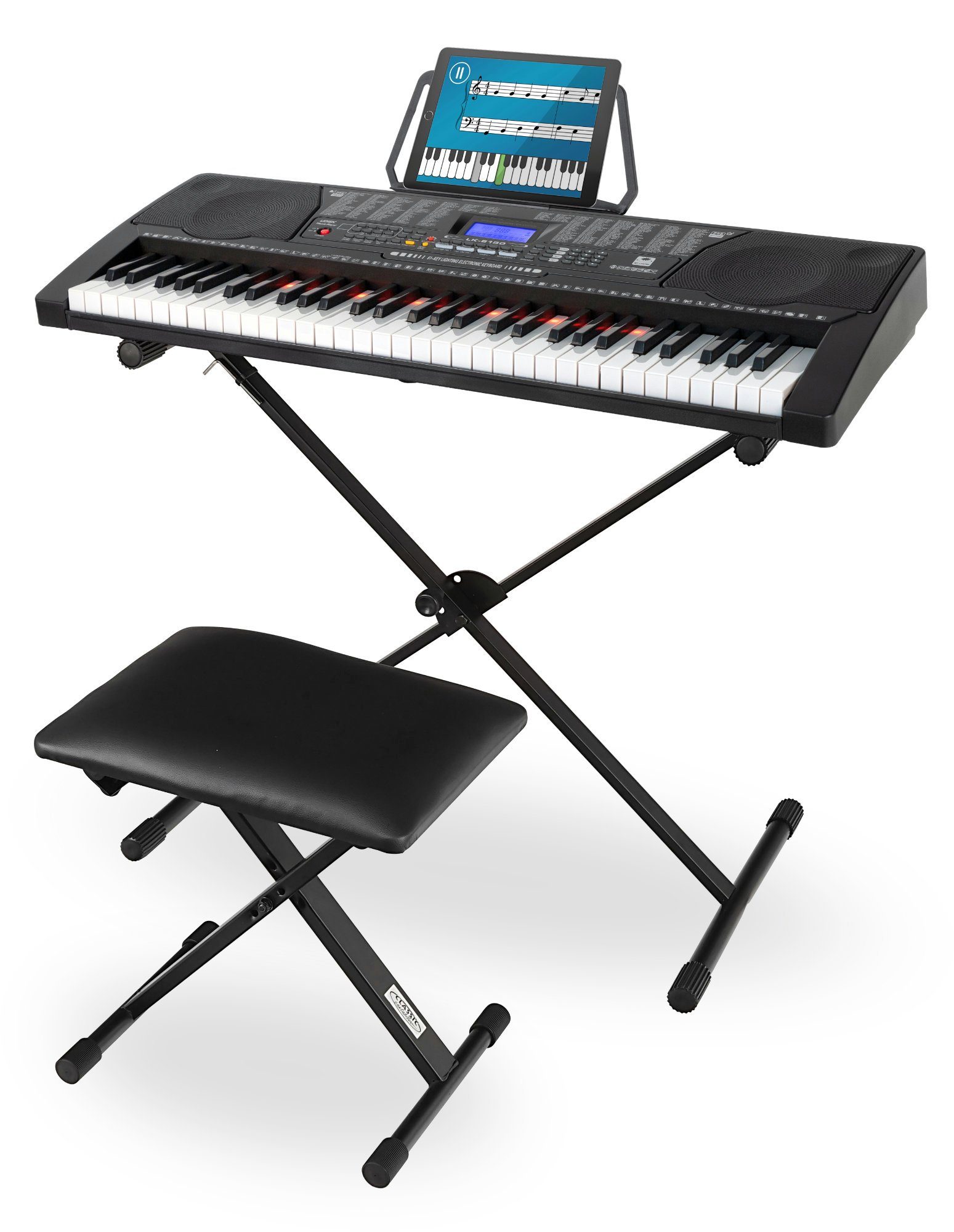 McGrey Home-Keyboard LK-6150 - Einsteiger-Keyboard mit 61 Leuchttasten (Spar-Set, 3-St., inkl. Ständer, Keyboardbank und Notenhalter), 255 Sounds und Rhythmen - integrierter MP3-Player & Lernfunktionen