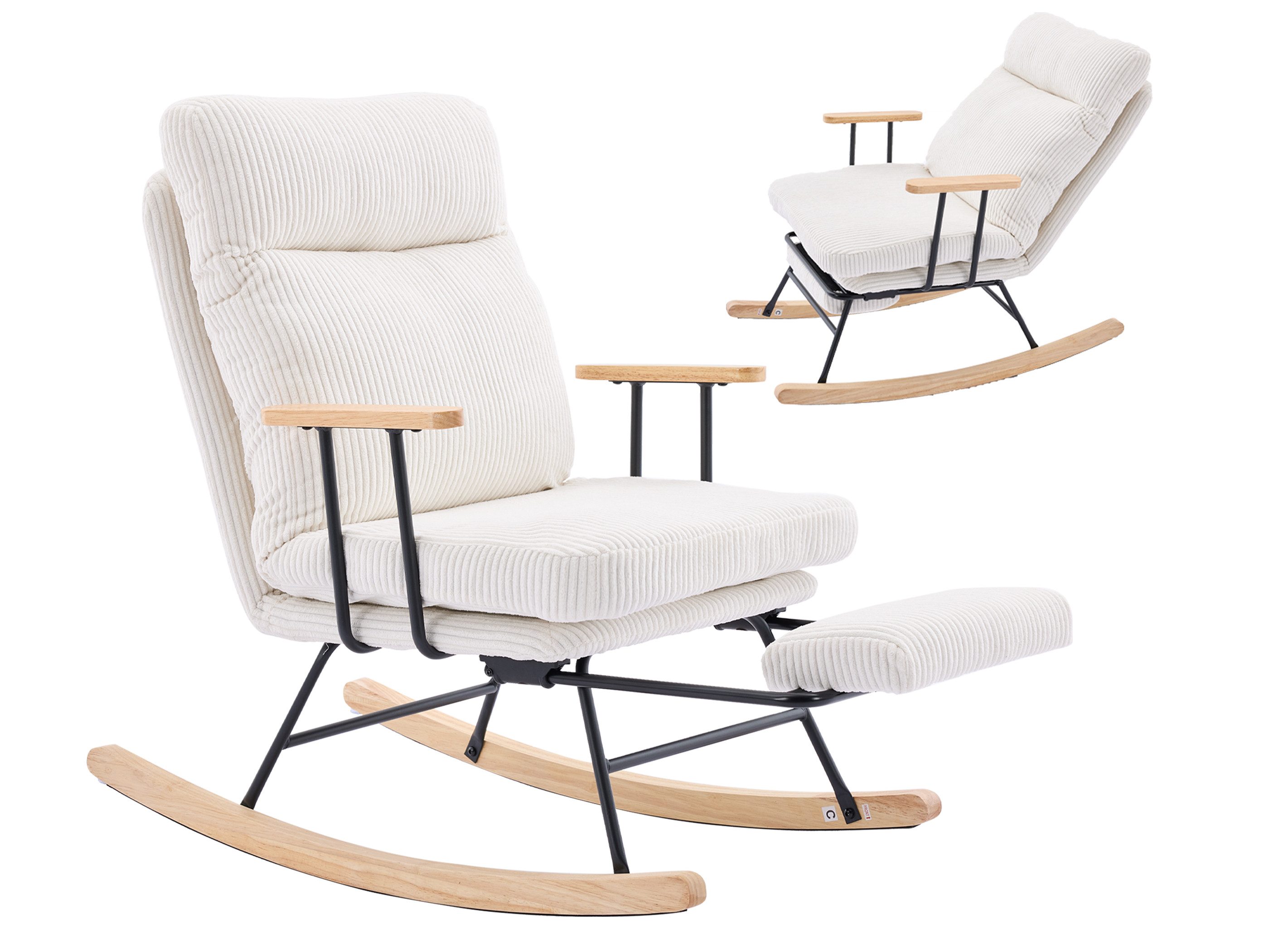 SeedWave Schaukelstuhl Schaukelsessel mit Verstellbarer Rückenlehne, Ausziehbarer Fußstütze, Relaxsessel mit Massiveholz-Armlehnen, Belastung bis 136 kg