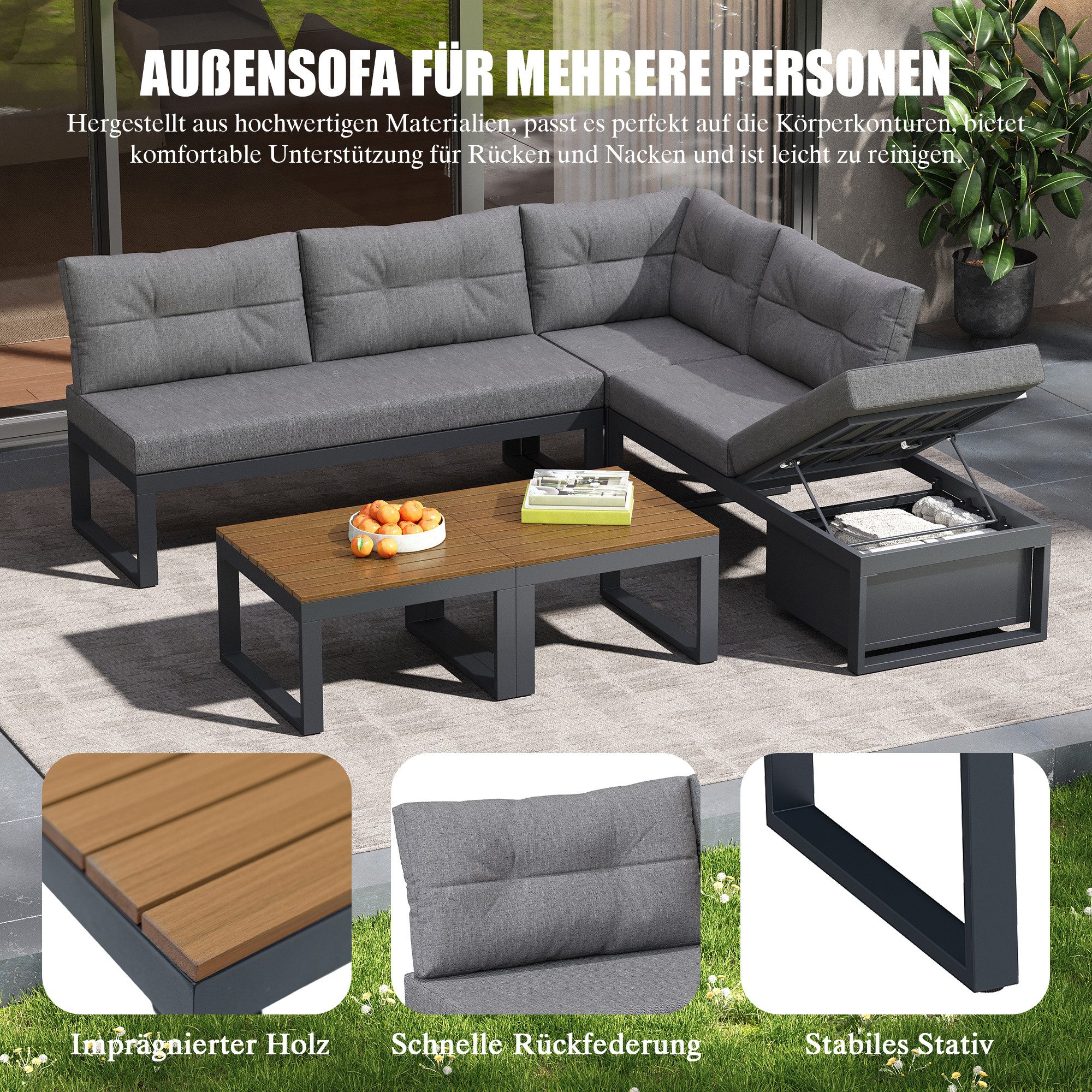 Celya Gartenlounge-Set Mehrzweck-Gartenmöbelset mit 3-stufig verstellbarer Rückenlehne, (Lounge-Set, mit dicken Komfortpolstern,für Terrasse,Balkon und Garten,Dunkelgrau), mit Liegefunktion, Stauraum und wetterfester Polyesterbezug