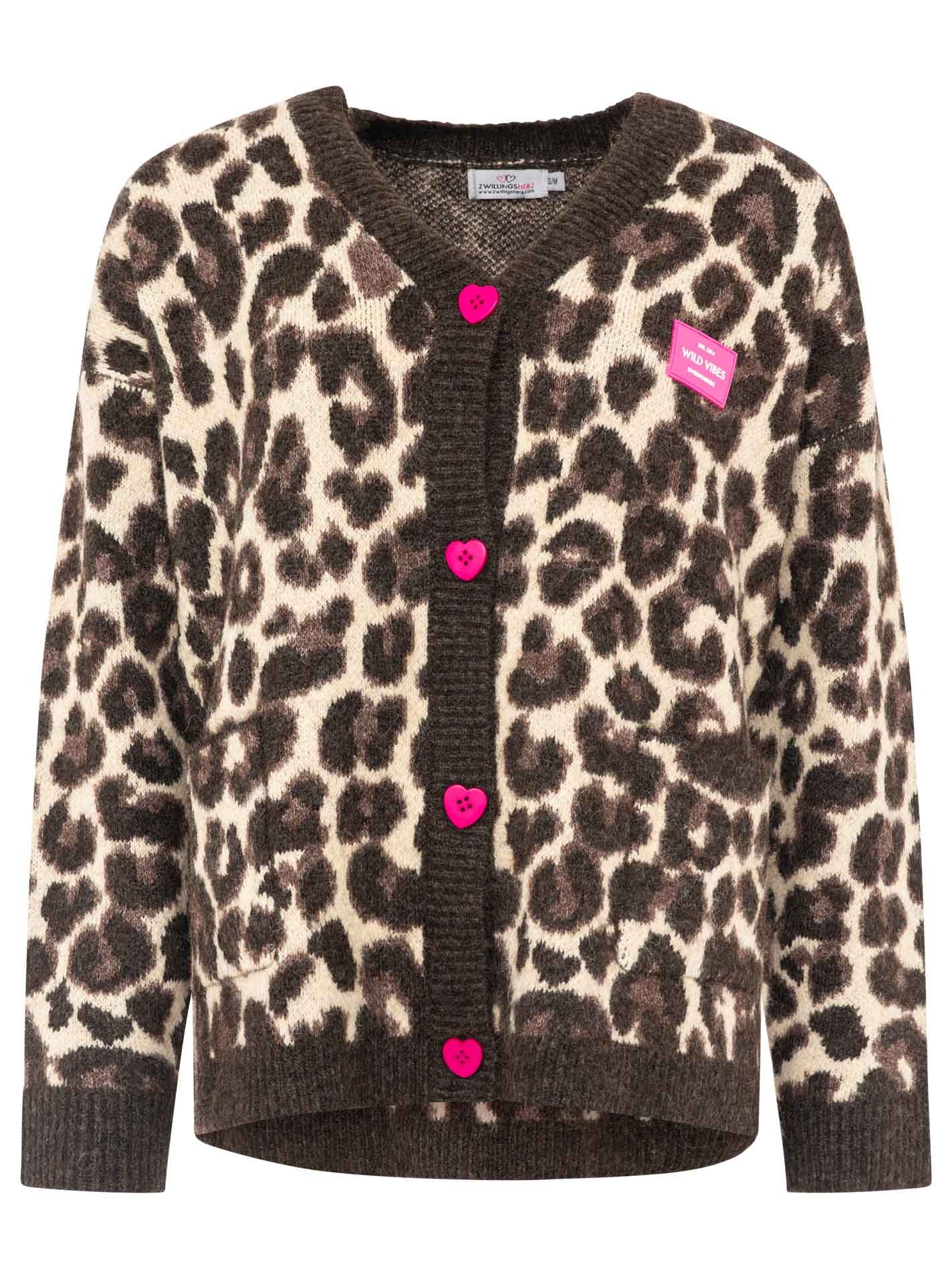 Zwillingsherz Cardigan "Leo Love" Herzknöpfe, Leomuster, unifarbene Kanten, oversize, Logopatch – Bild 3 von 5