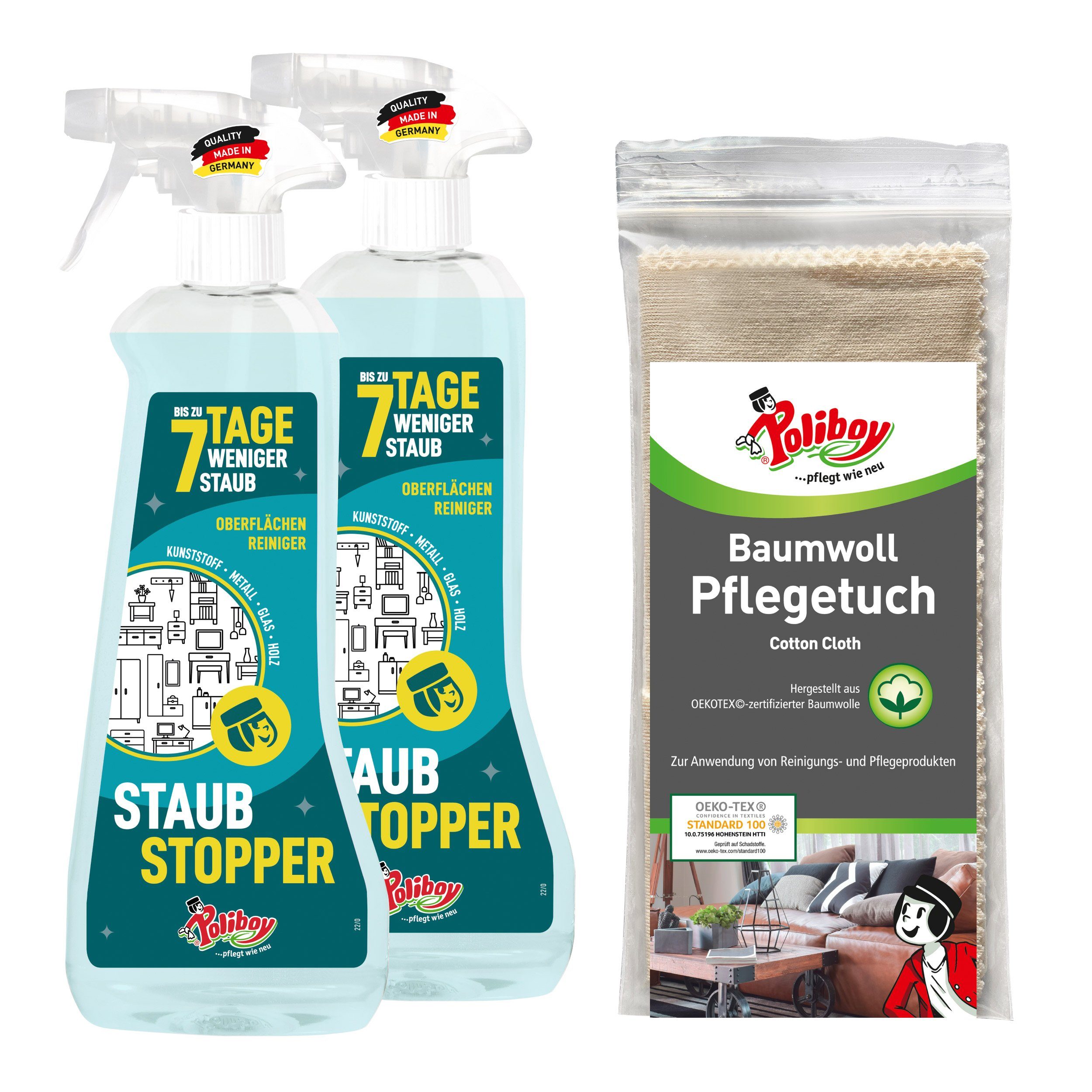 poliboy 2xStaubstopper 500ml + Baumwoll Pflegetuch Reinigungsspray (bis zu 7 Tage ohne Staub - für Möbel aller Art - Made in Germany)