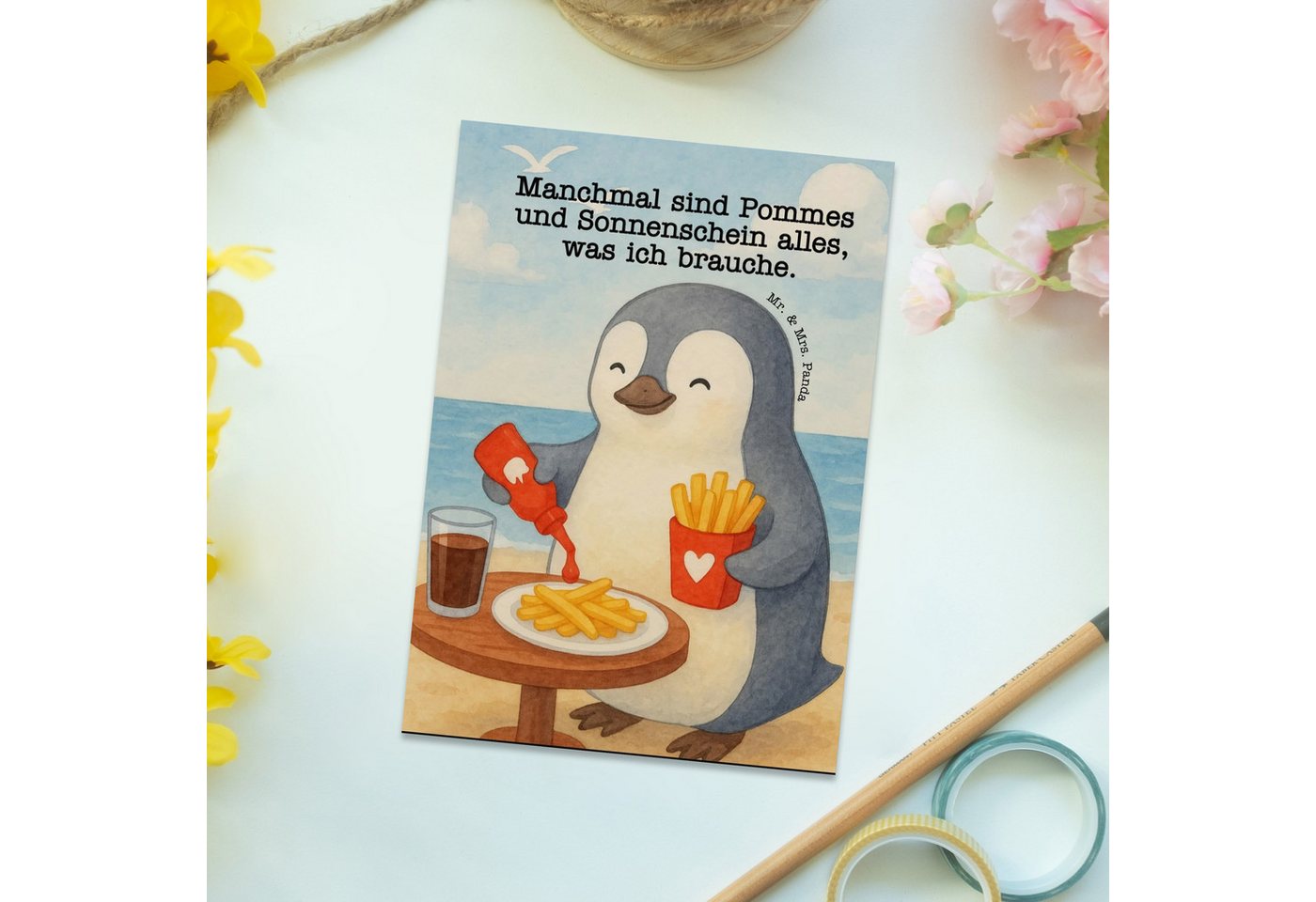 Thumbnail - Mr. & Mrs. Panda Postkarte Pinguin Pommes Design - Weiß - Geschenk, Grußkarte, Jahrestag, Postka, Witzige Sprüche