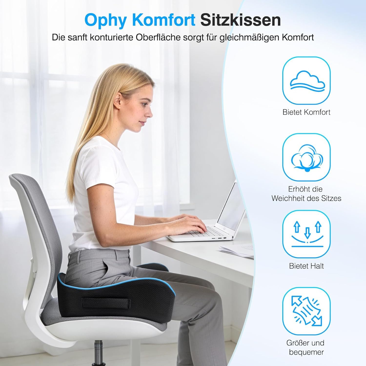Ophy Sitzkissen U-förmiges Memory-Schaum Sitzkissen mit waschbarem Bezug, rutschfest, weich – für Bürostuhl, Gaming-Stuhl & Autositz – Bild 4 von 5
