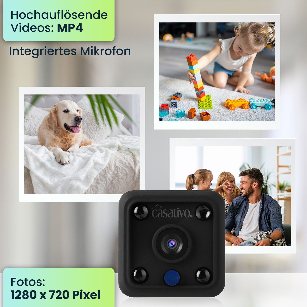 Casativo Überwachungskamera Micro-IP-Kamera Akkubetrieb HD 720p, 120° Weitwinkel, Nachtsicht (WLAN: Diskret, leistungsstark, Bewegungs-Erkennung)