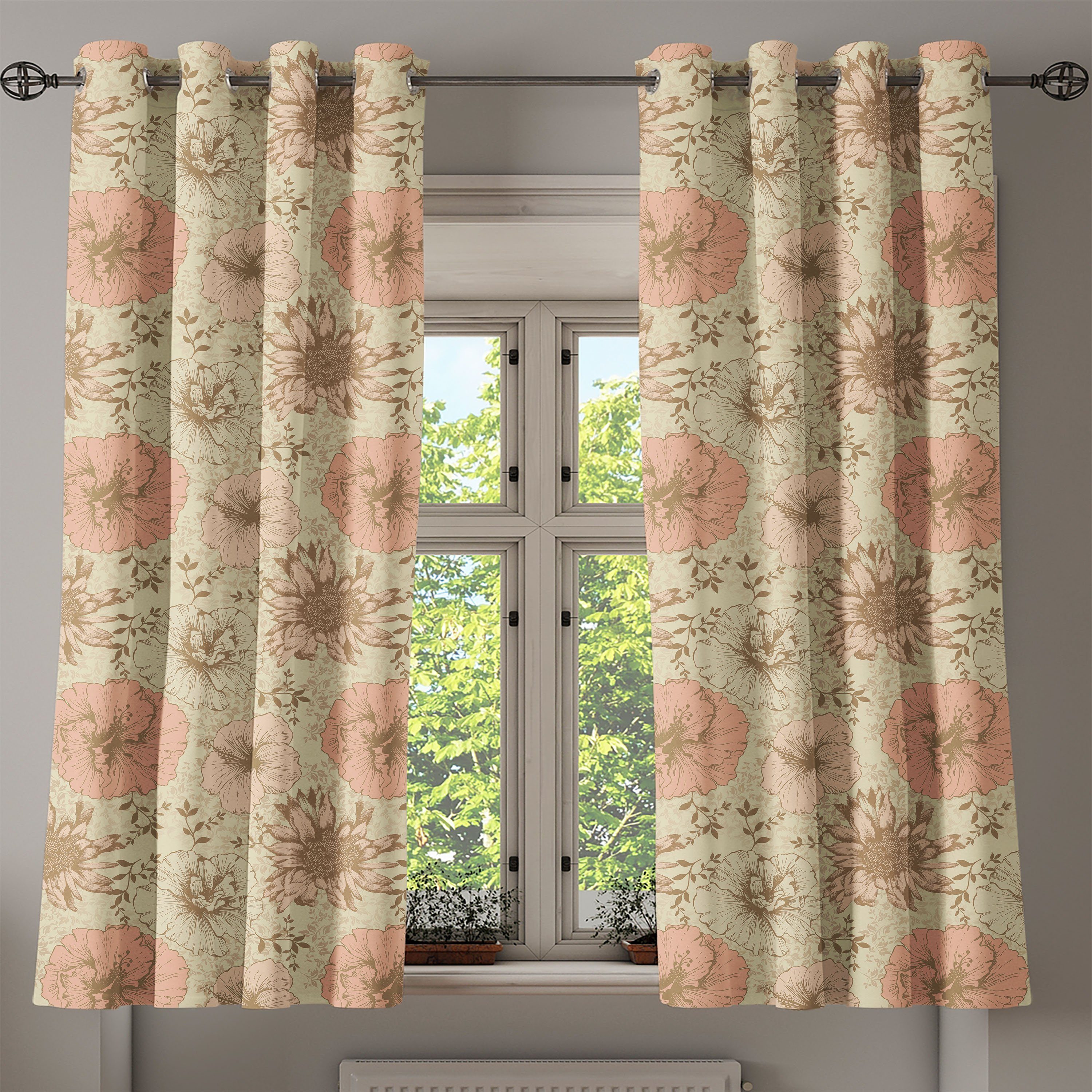 Gardine Dekorative 2-Panel-Fenstervorhänge für Pflanze Hibiscus Blumen Exotische Abakuhaus, Wohnzimmer, Schlafzimmer