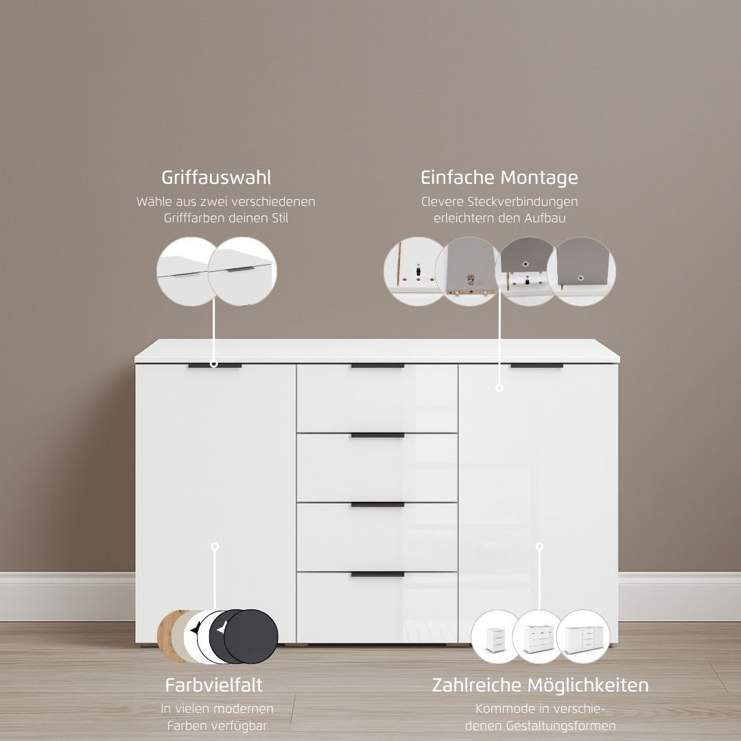 OTTO home Kombikommode Sideboard Kombikommode Schubladenkommode AGORDO mit Glasfront (in zwei Griff-Farben, Breite 120 cm), vier große Schubladen, mit insgesamt 4 Einlegeböden MADE IN GERMANY