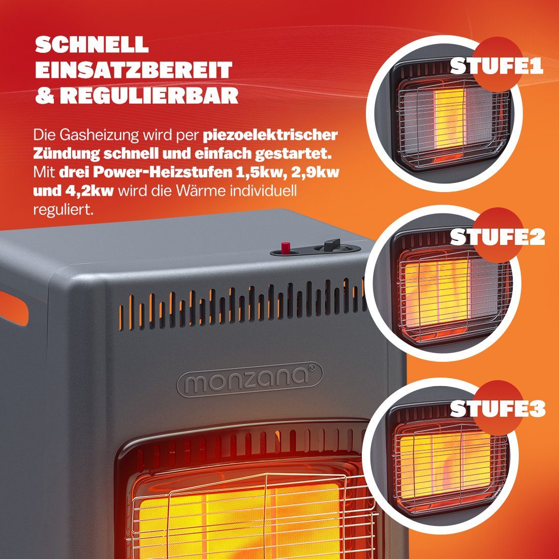 monzana Heizstrahler 3 Heizstufen inkl. 50cm Gasschlauch Gasdruckregler Kippschutz, 4200W Gasheizung für Innenräume Druckregeler Gasheizer Gasofen Keramik