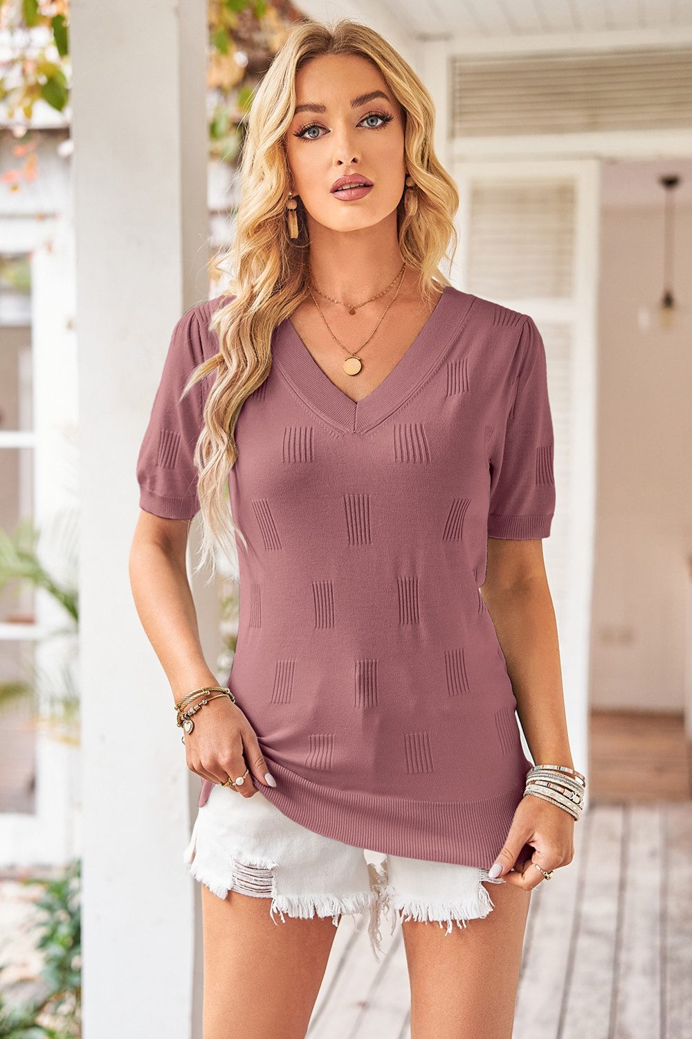 Arach&Cloz Strickpullover Damen Kurzarmpullover V-Ausschnitt-Pullover Somme günstig online kaufen