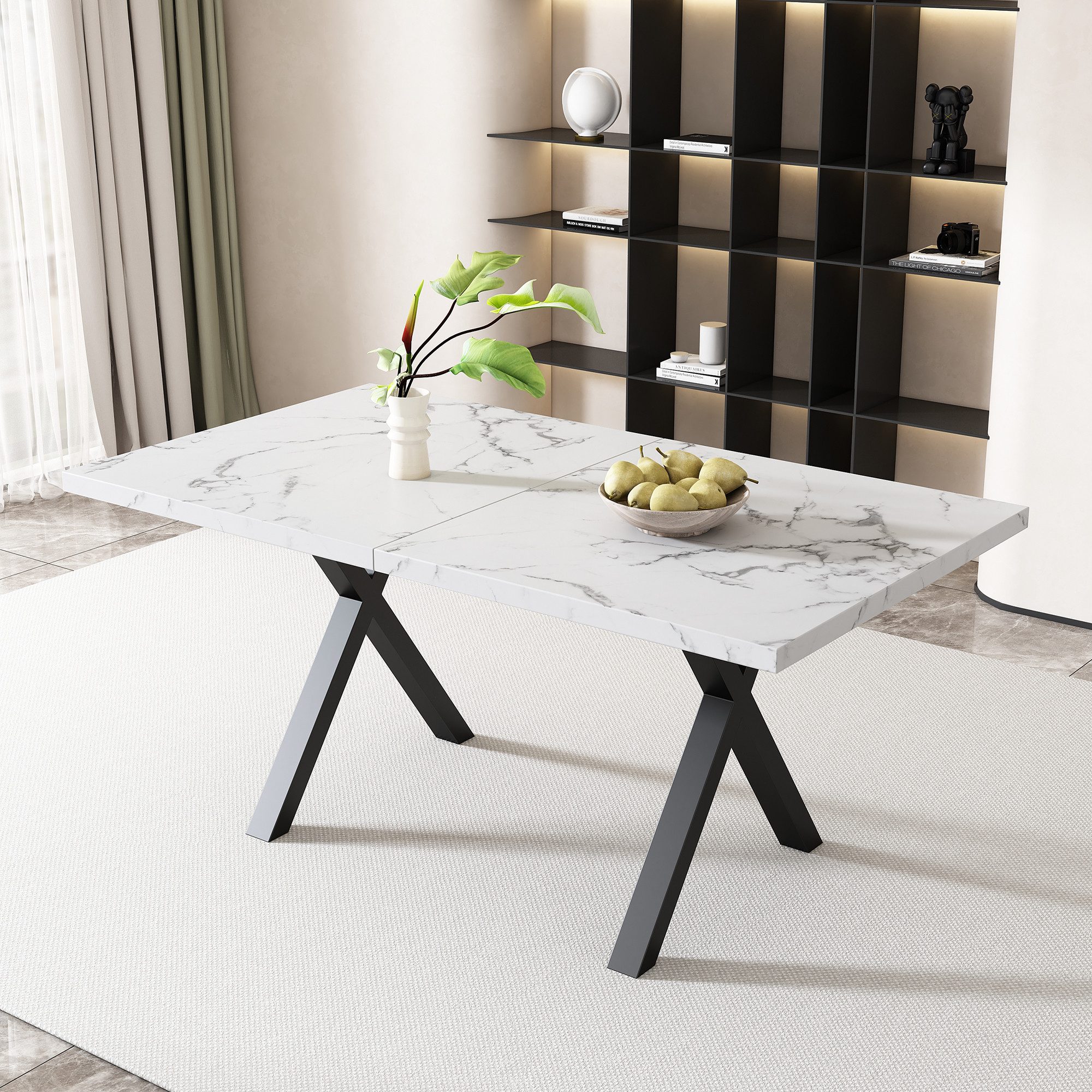 KLAM HOME Esstisch Moderner Esstisch Mit Kreuzbein Design In Eiche Und Schwarz (140x80cm Rechteckiger Tisch Aus Schmiedeeisen Und MDF), Vielseitiger Ess- Und Co – Bild 4 von 5