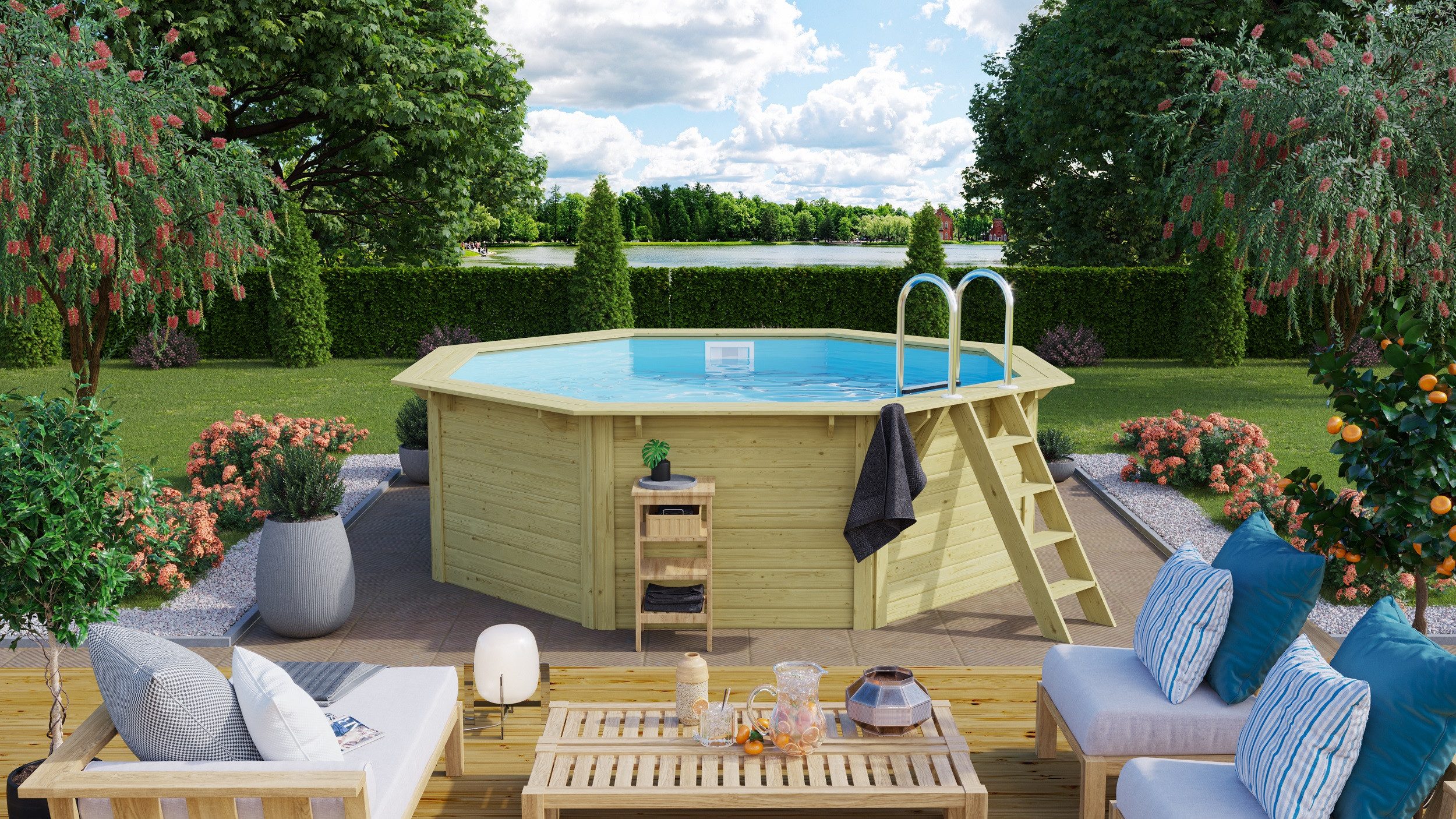 Karibu Achteckpool Massivholzpool kdi Schwimmbecken Gartenpool, Massivholz, witterungsbeständig, wetterfest