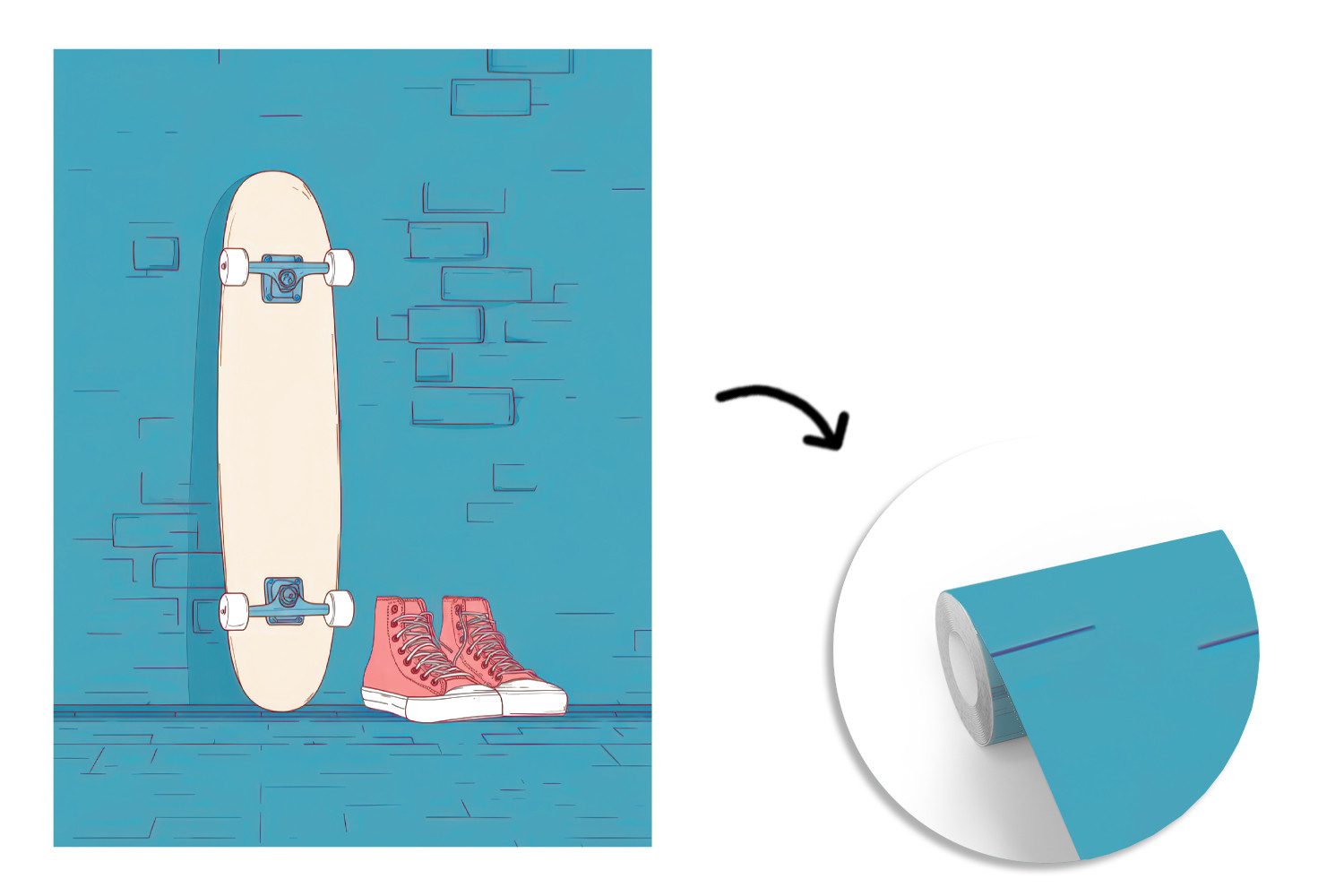MuchoWow Fototapete Skateboard - Gymnastikschuhe - Rot - Minimalistisch, Matt, bedruckt, Wallpaper für Wohnzimmer, Schlafzimmer, Vinyl Tapete, 165x220 cm