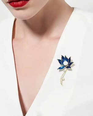 MayTree Brosche "Lotus und Perle", blau (Stück), Metallbrosche mit Glassteinen, Strass und einer Zierperle