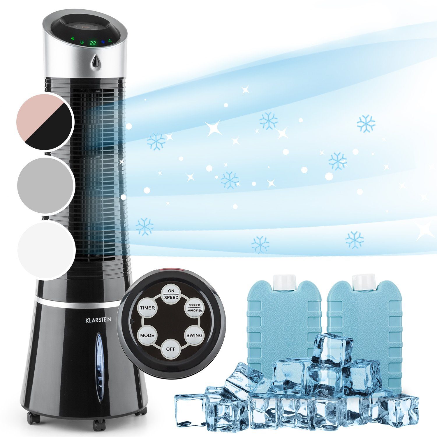 Luftkühler, Klimagerät Ventilatorkombigerät mobil Silber-Metallic 4-in-1 mit Ice & Abluftschlauch Schwarz Klarstein Skyscraper ohne Eis Wasserkühlung /