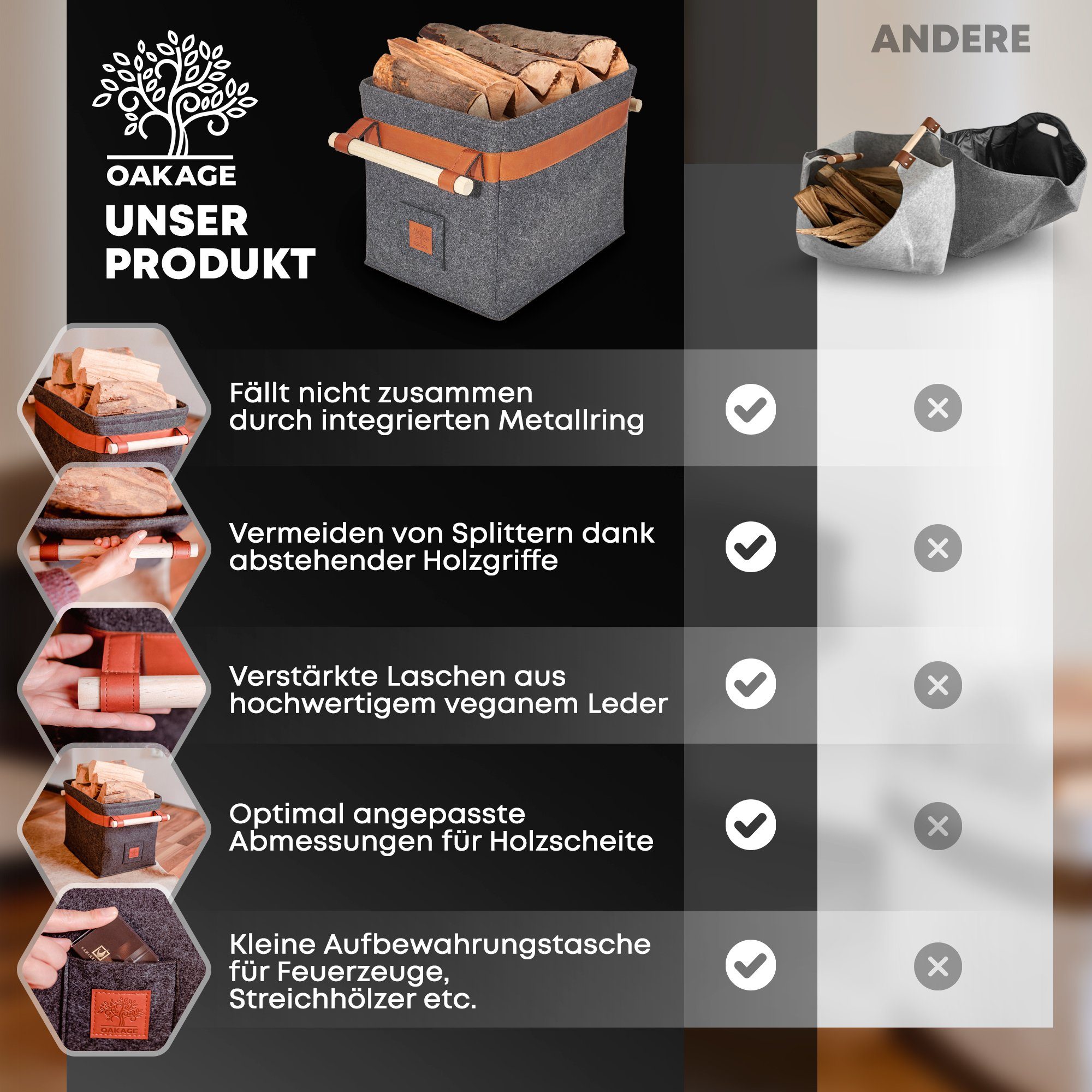 OAKAGE Kaminholzkorb Holzkorb für Kaminholz Feuerholzkorb Brennholzkorb Kaminkorb Filzkorb, einfallsichere Seitenwände