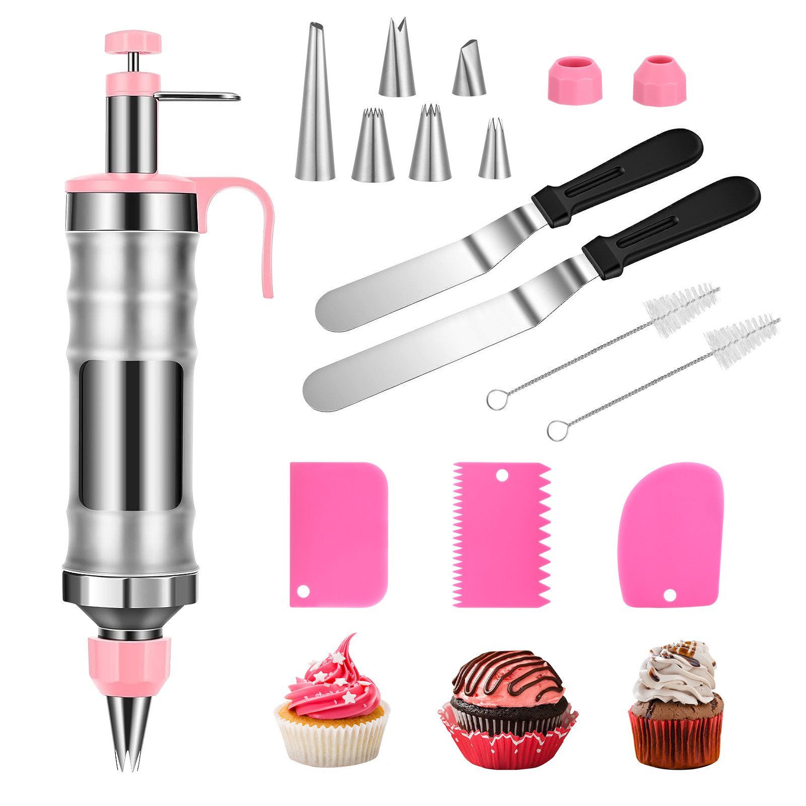 AURIVION Modellierwerkzeug Garnierspritze Edelstahl 14-teilig mit 6 Tüllen, (16 St), Tortenspritze Set für Cupcakes, Gebäck & Tortendekoration