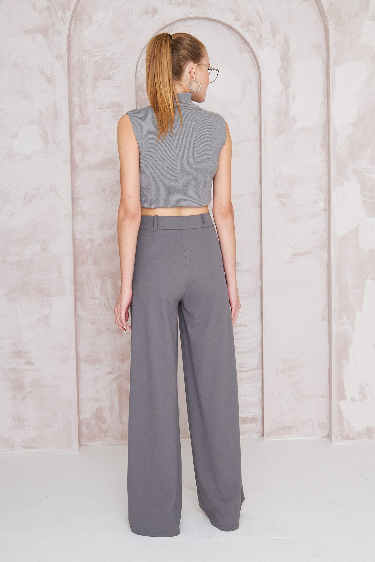 fashionshowcase Palazzohose Damen Stoffhose Marlenehose mit elastischem, hohem Bund knitterfrei, weites Bein, elastischer Bund