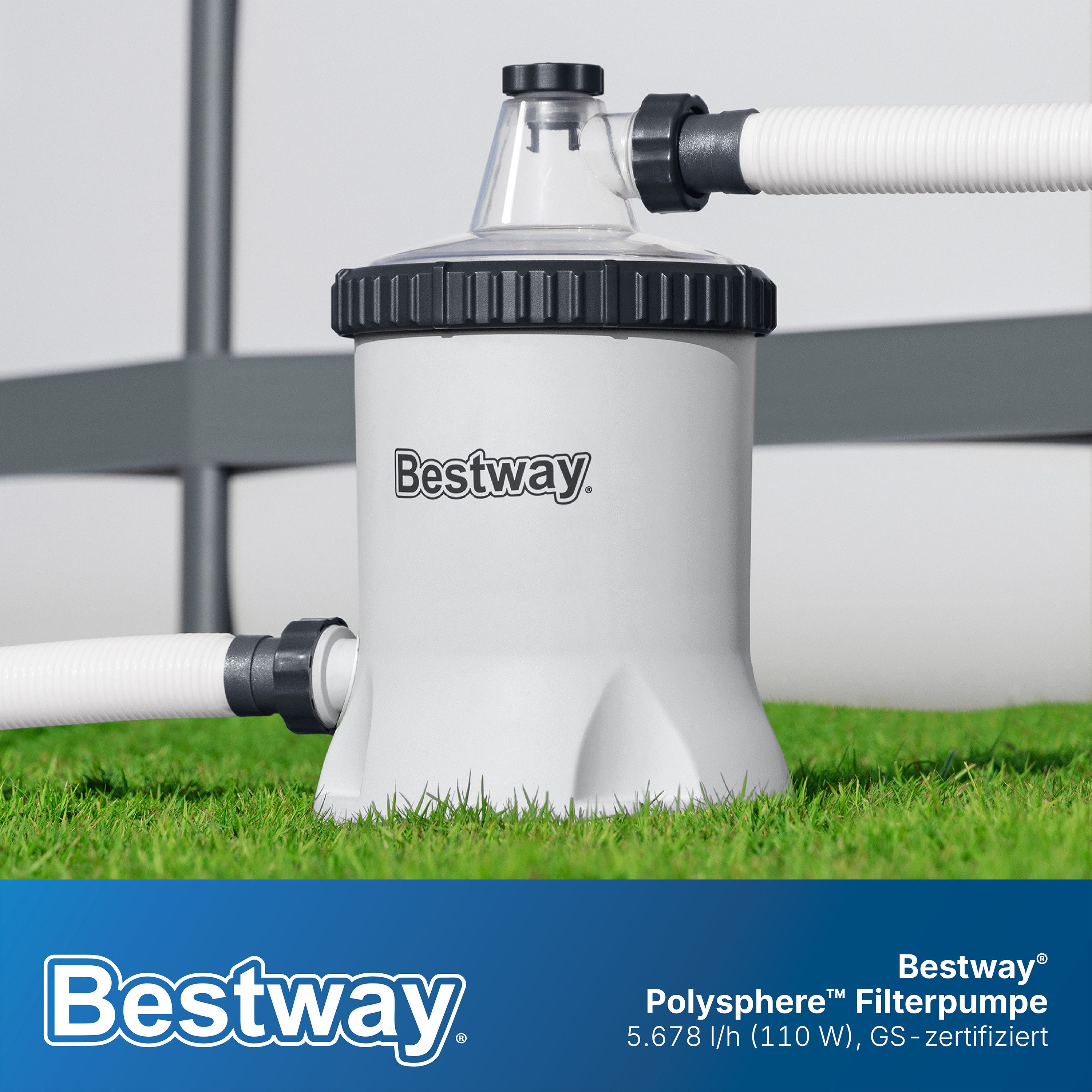 Bestway Filterpumpen Polysphere™ 5.678 l/h (Packung, Inkl. 240g Filterbälle), Für Poolgrößen von 1.100-31.700 Liter