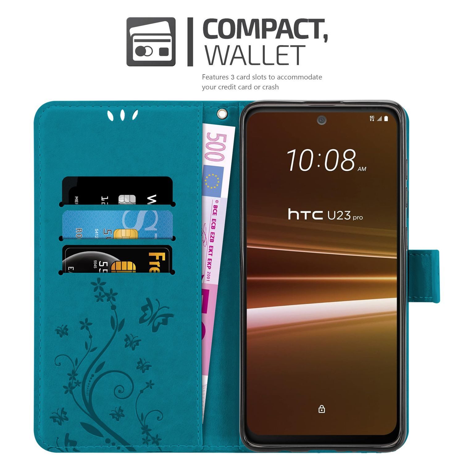 Cadorabo Handyhülle für HTC U23 PRO Hülle HTC U23 PRO, Hülle Schutzhülle Blumen Flower mit Standfunktion Kartenfach Magnet