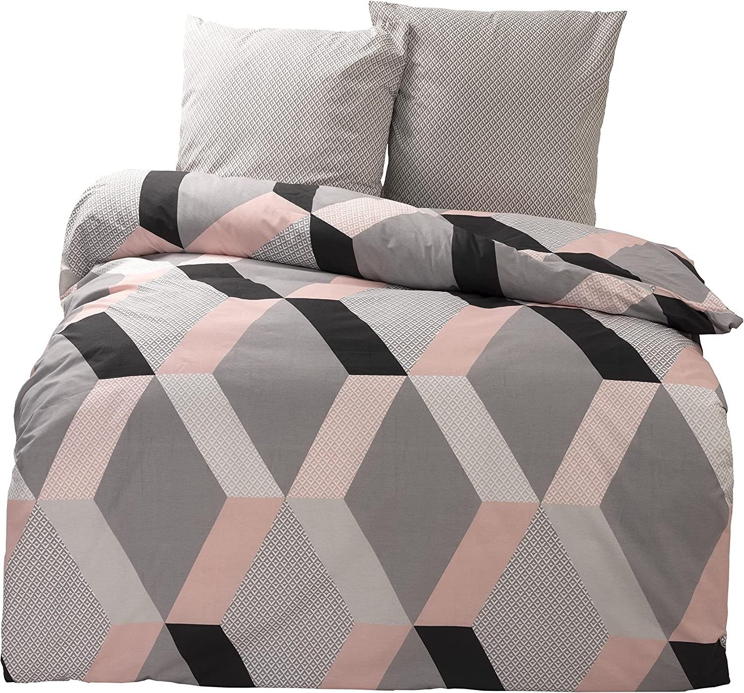 Bettwäsche Grafisch rosa / grau, One Home, Renforcé, 2 teilig, Baumwolle, Geometrisch und modern, Übergröße