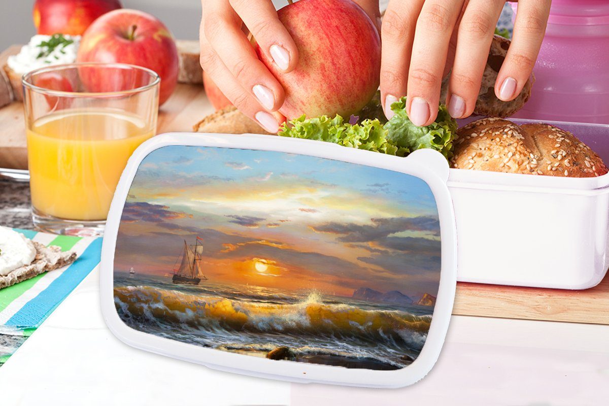 - für Ölfarbe, weiß Mädchen Brotdose, und Segelboot und Jungs MuchoWow Lunchbox - Brotbox Kunststoff, Kinder Malerei Wasser (2-tlg), für Erwachsene, -