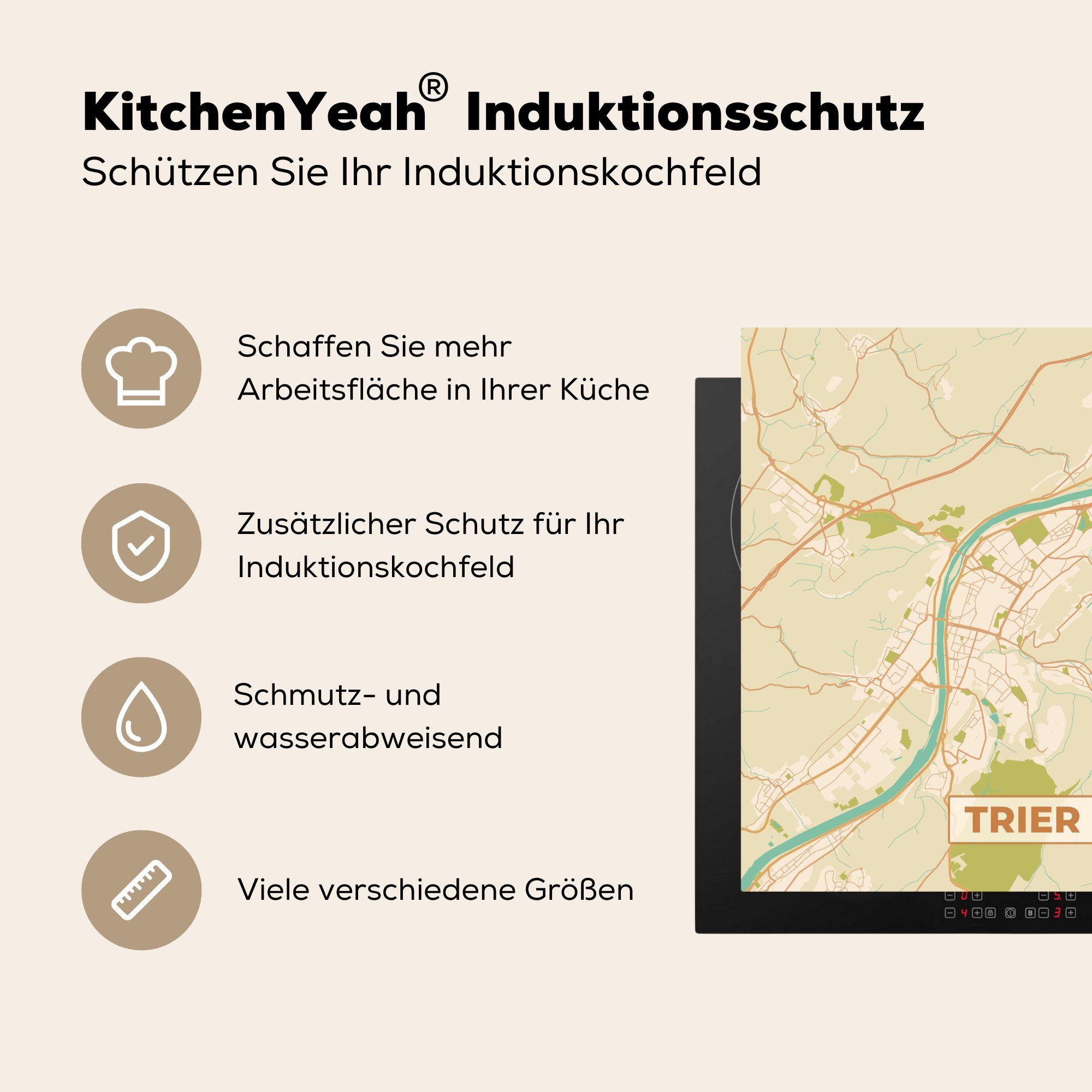 - für Stadtplan, Herdblende-/Abdeckplatte (1 MuchoWow 78x78 - Jahrgang Arbeitsplatte küche Vinyl, Trier Ceranfeldabdeckung, Karte - cm, tlg),