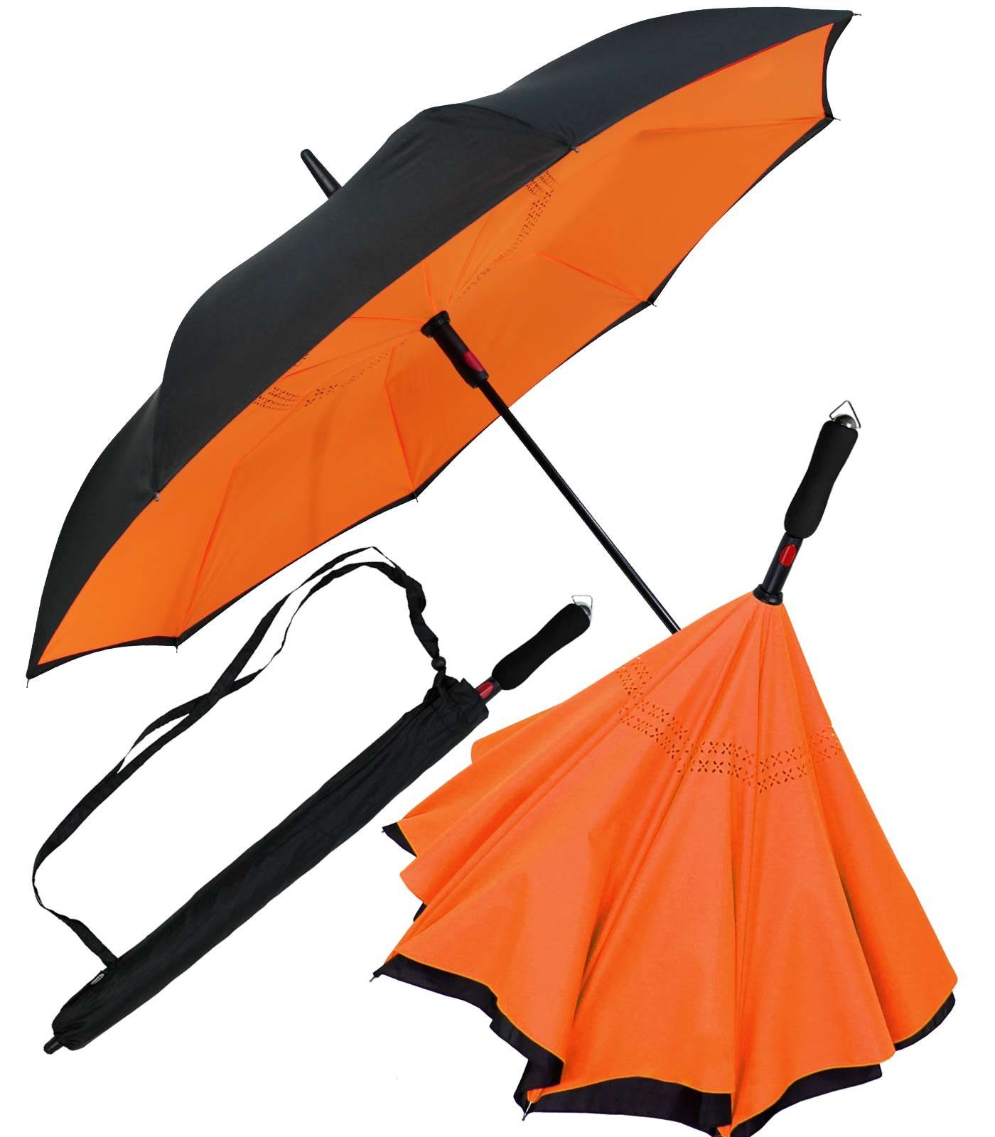 iX-brella Langregenschirm Reverse-Schirm - umgedreht zu öffnen mit Automatik, umgedreht schwarz-neon-orange