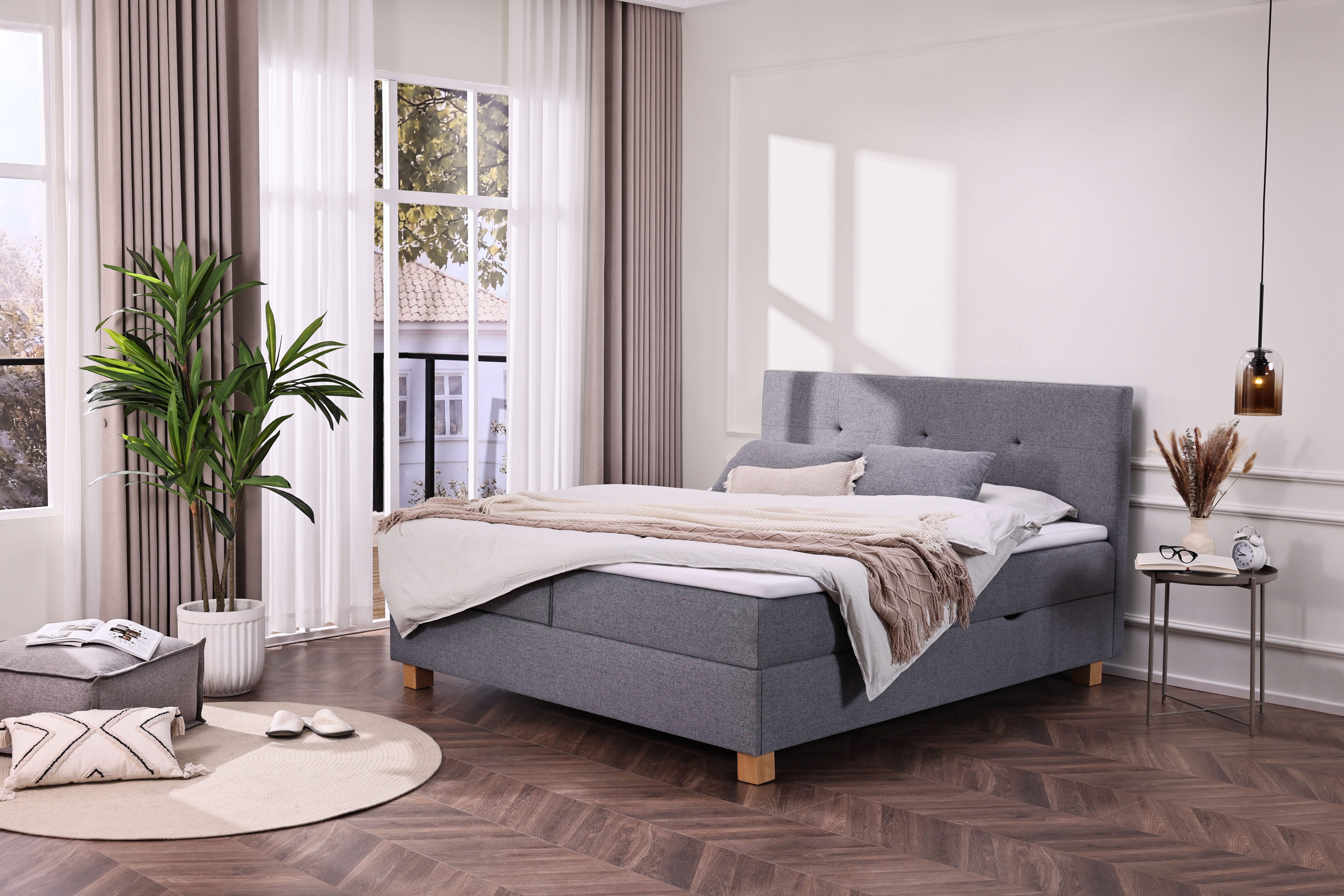 Home affaire Boxbett Oyré inkl. Bettkasten, Topper und 2 gratis Kissen, 180x200 cm, mit Holzfüße in eichefarben