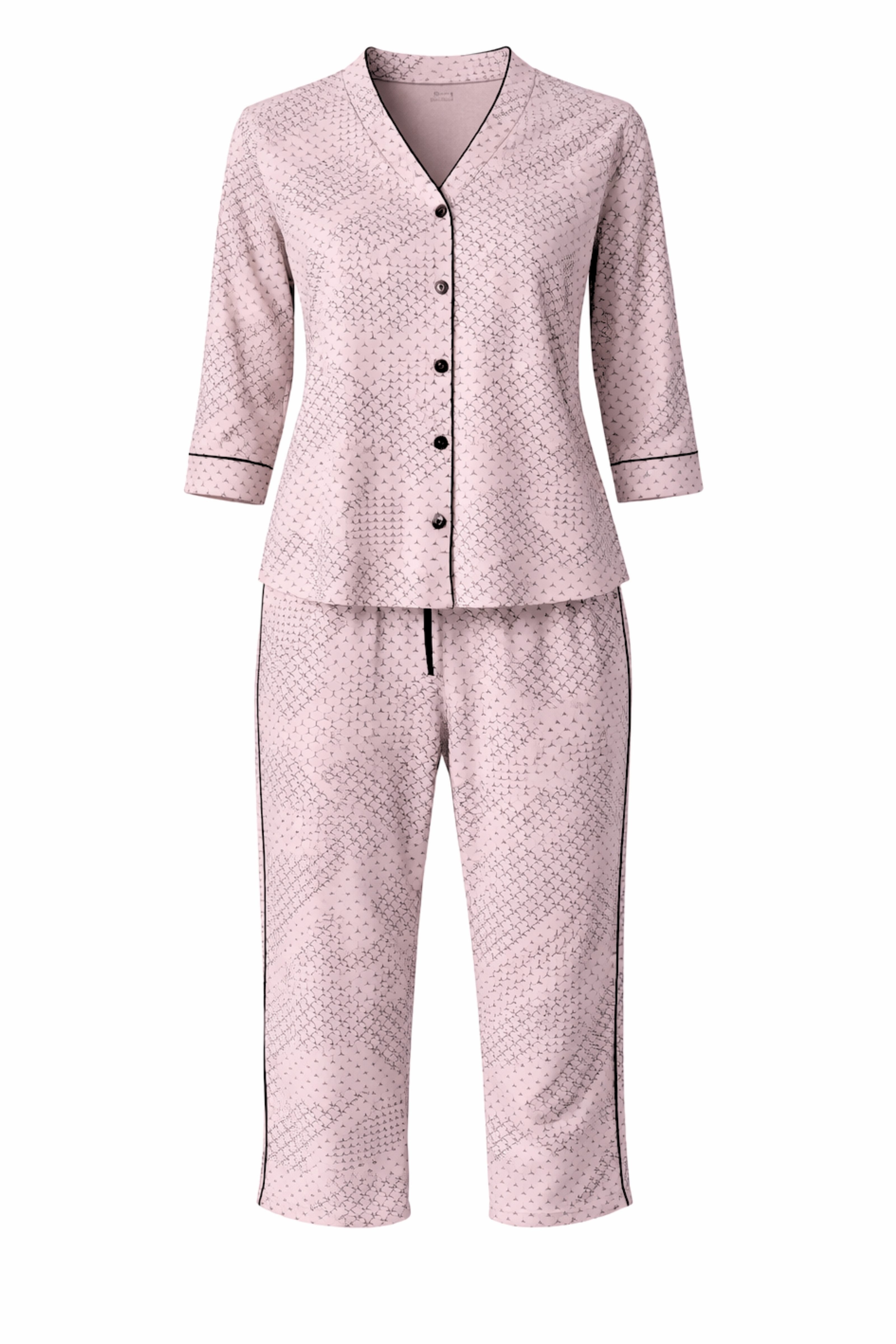 COOLISMO NIGHTWEAR Capri-Pyjama Damen Schlafanzug geknöpft, reine Baumwolle (2 tlg) elegante Loungewear in Altrosa mit schwarzem Druck & Satin-Piping