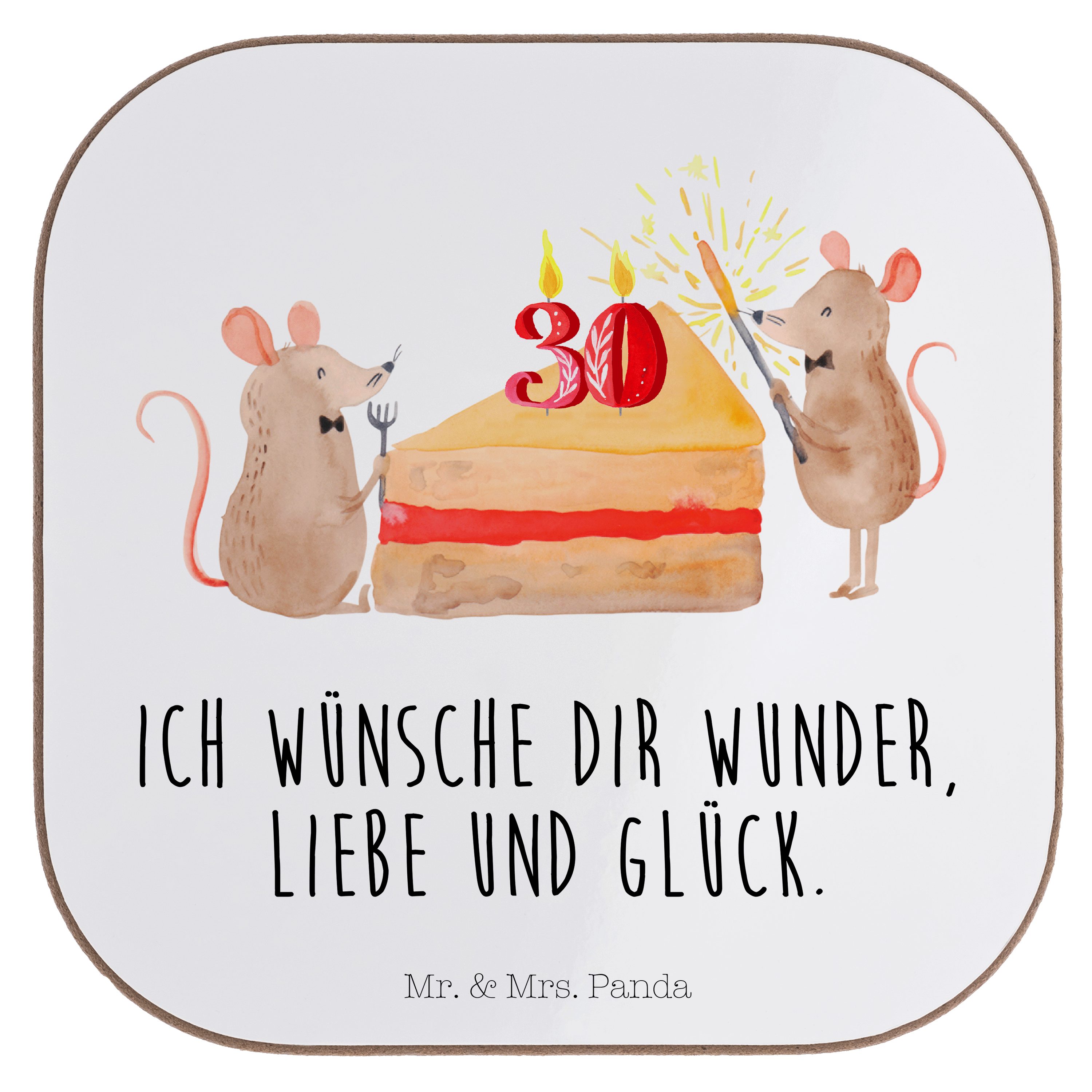 Mr. & Mrs. Panda Getränkeuntersetzer 30. Geburtstag Mäuse Kuchen - Weiß - Geschenk, Geburtstagsgeschenk, B, 1-tlg.