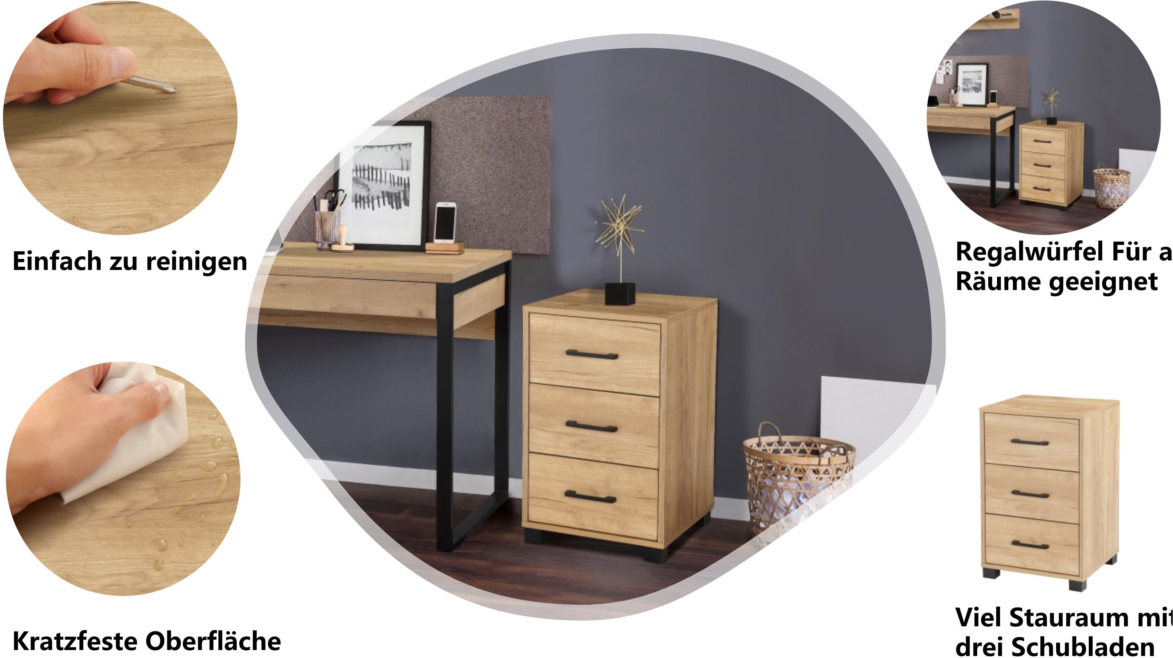 OTTO home Container Moid, Bürocontainer, Schreibtischcontainer, 3 Schubladen, Metallgriffe, 40x64 cm