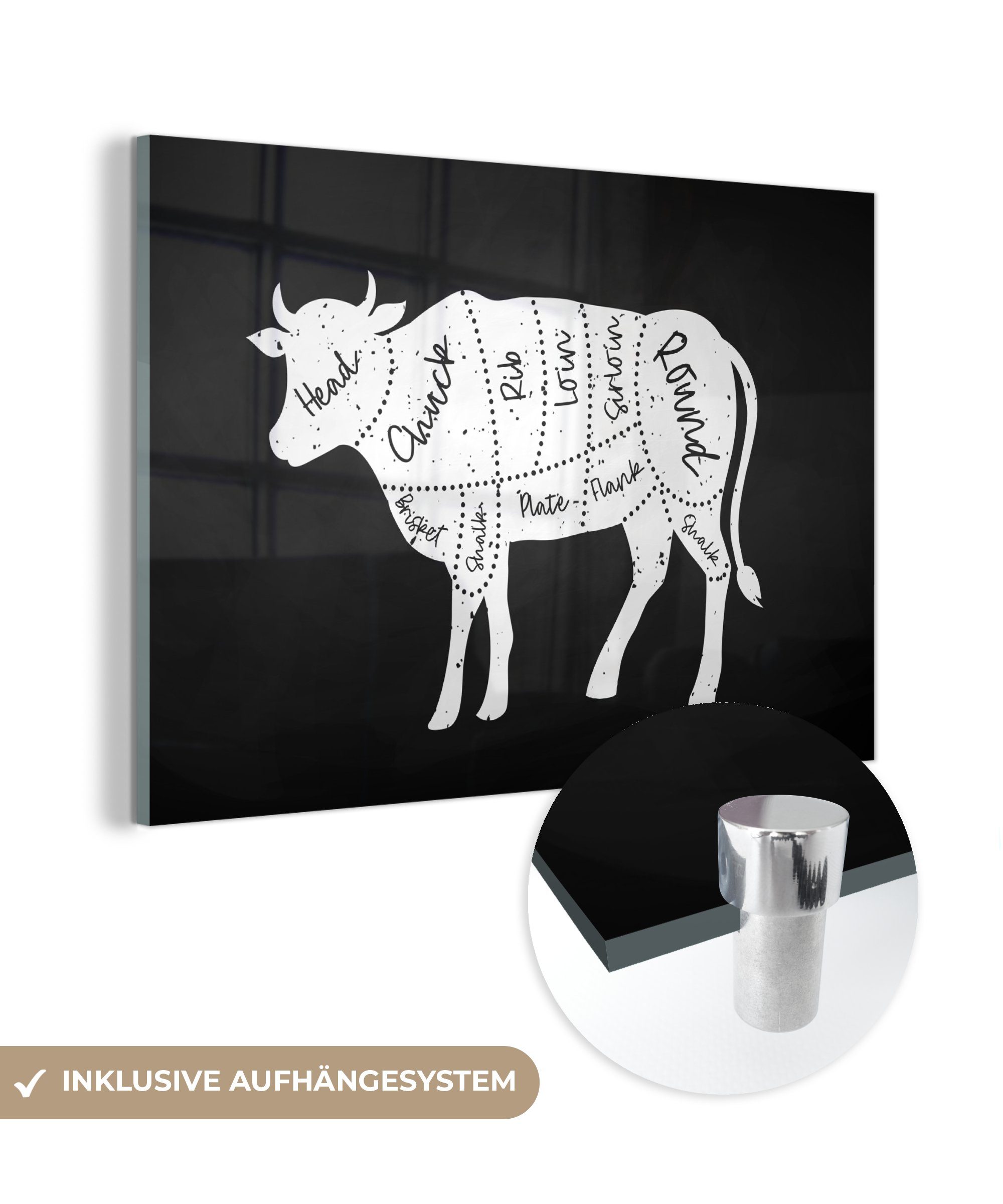 MuchoWow Acrylglasbild Kuh - Küche - Fleisch, (1 St), Glasbilder - Bilder auf Glas Wandbild - Foto auf Glas - Wanddekoration