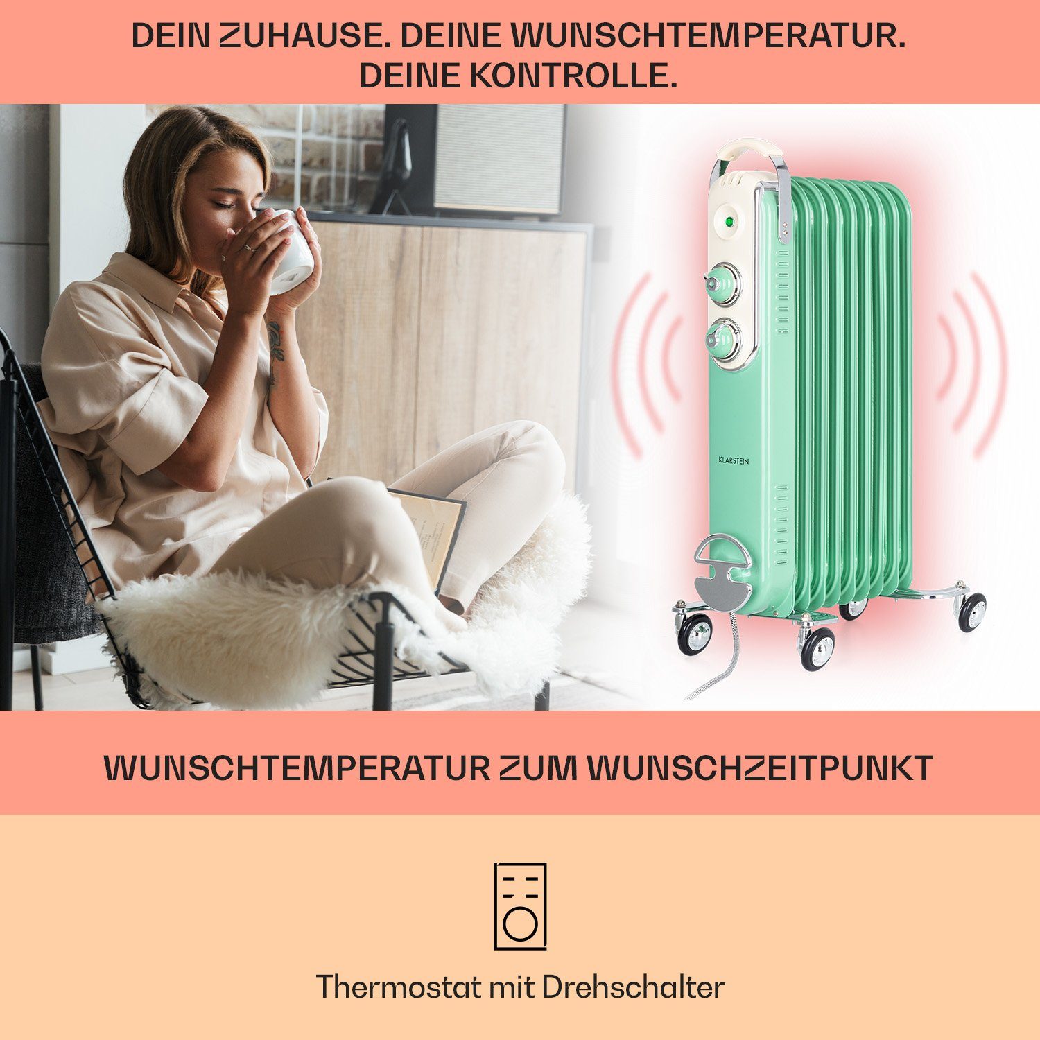 2000 Thermostat W, Heizstrahler Thermaxx energiesparend Retroheat, Radiator Klarstein Heizkörper elektrisch Ölradiator