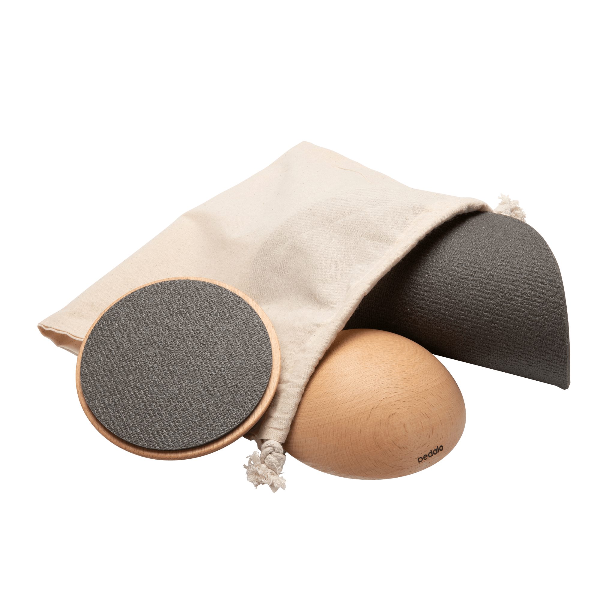 pedalo® Fußtrainer Fußgewölbedehner Set I Fußmuskulatur dehnen und kräftigen (Spiraldynamik Fußtraining, Balance Halbkugel beidseitig nutzbar), Buche massiv, inkl. Antirutschmatte und Baumwollbeutel