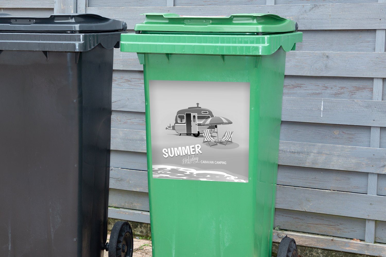 MuchoWow Wandsticker Illustration eines (1 und Container, Wohnwagens Mülltonne, Meer Abfalbehälter schwarz Sticker, - Mülleimer-aufkleber, St), weiß am