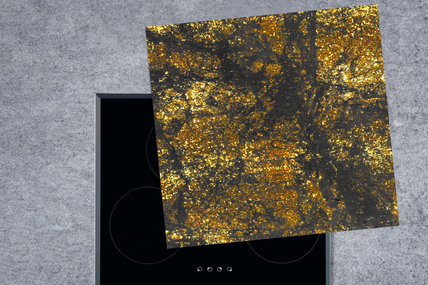 78x78 - Vinyl, küche für Marmor cm, MuchoWow Herdblende-/Abdeckplatte Glitter tlg), (1 - Schwarz, - Gold Ceranfeldabdeckung, Arbeitsplatte
