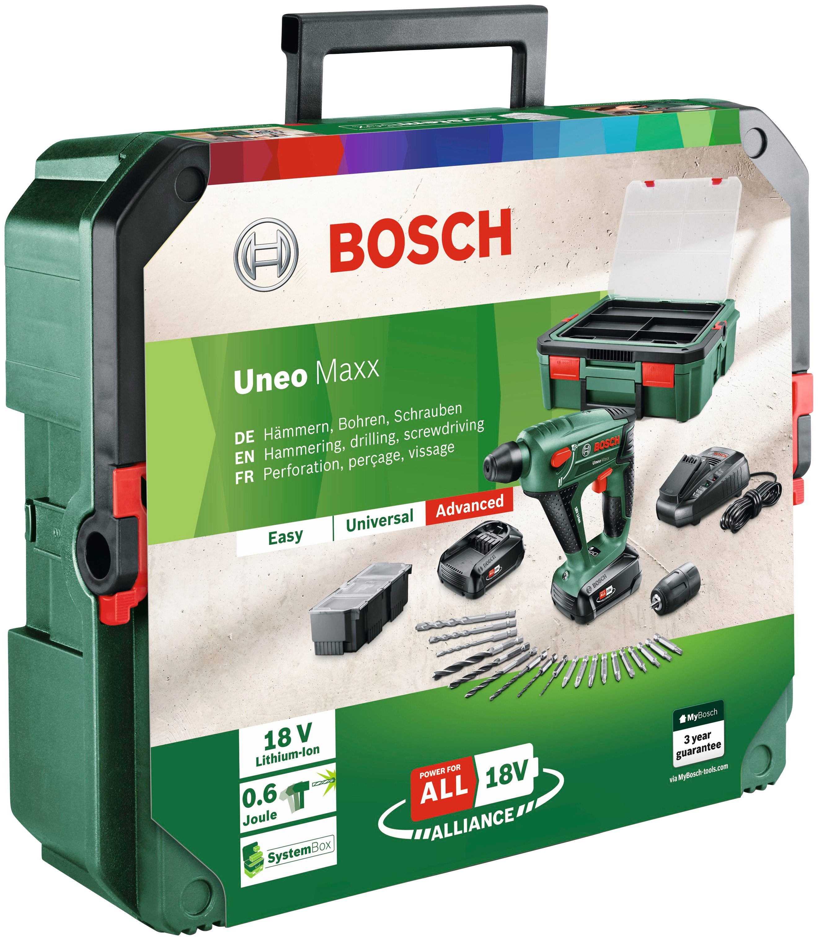 Bosch Home & Garden Akku-Bohrhammer mit Uneo Ladegerät + 2 SystemBox, Maxx und Akkus