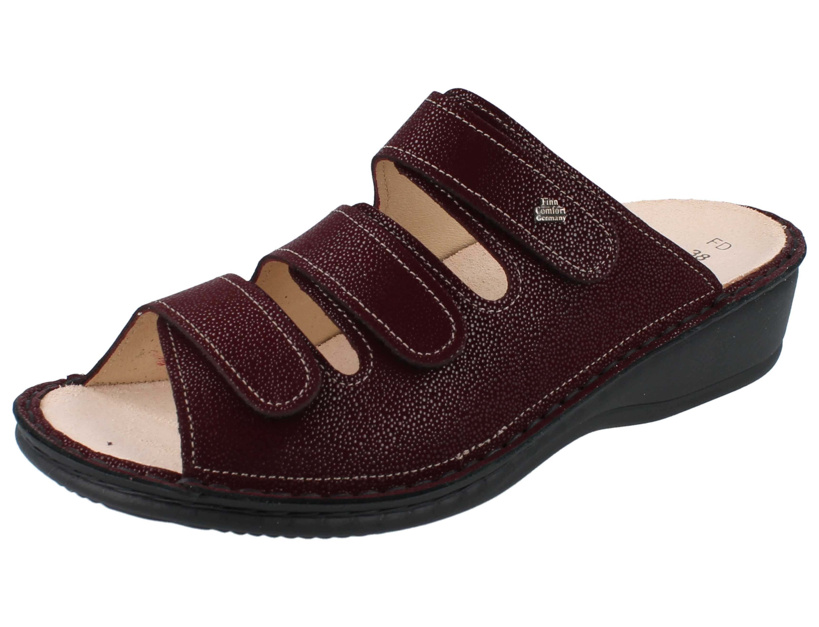 Finn Comfort FINN COMFORT Pisa Damen Pantolette dunkelrot bedrucktes Nubukleder - Pantolette Wechselfußbett