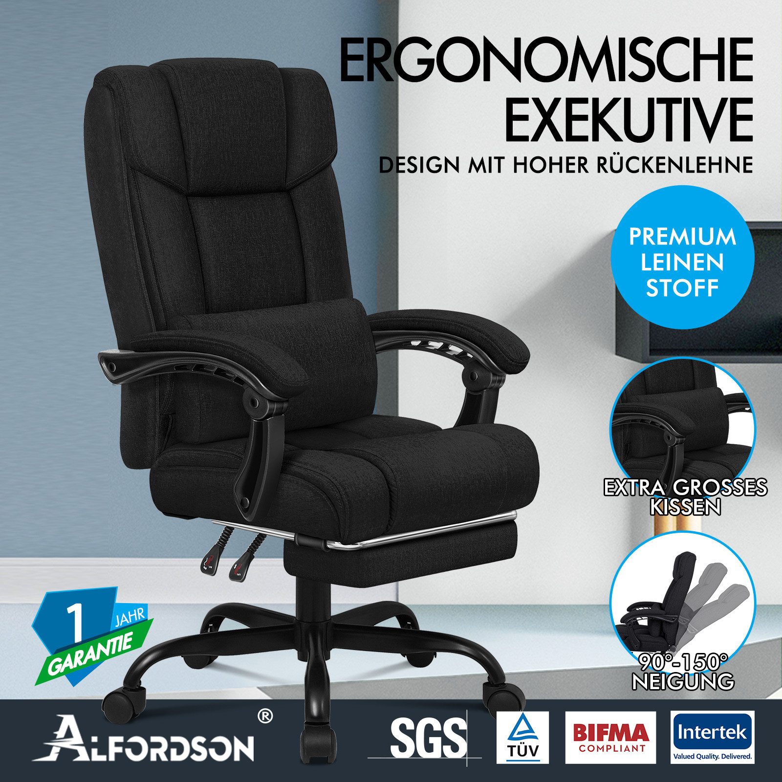 ALFORDSON Bürostuhl mit Fußstütze und XL-Lendenkissen, 150° neigbar, Schwar günstig online kaufen