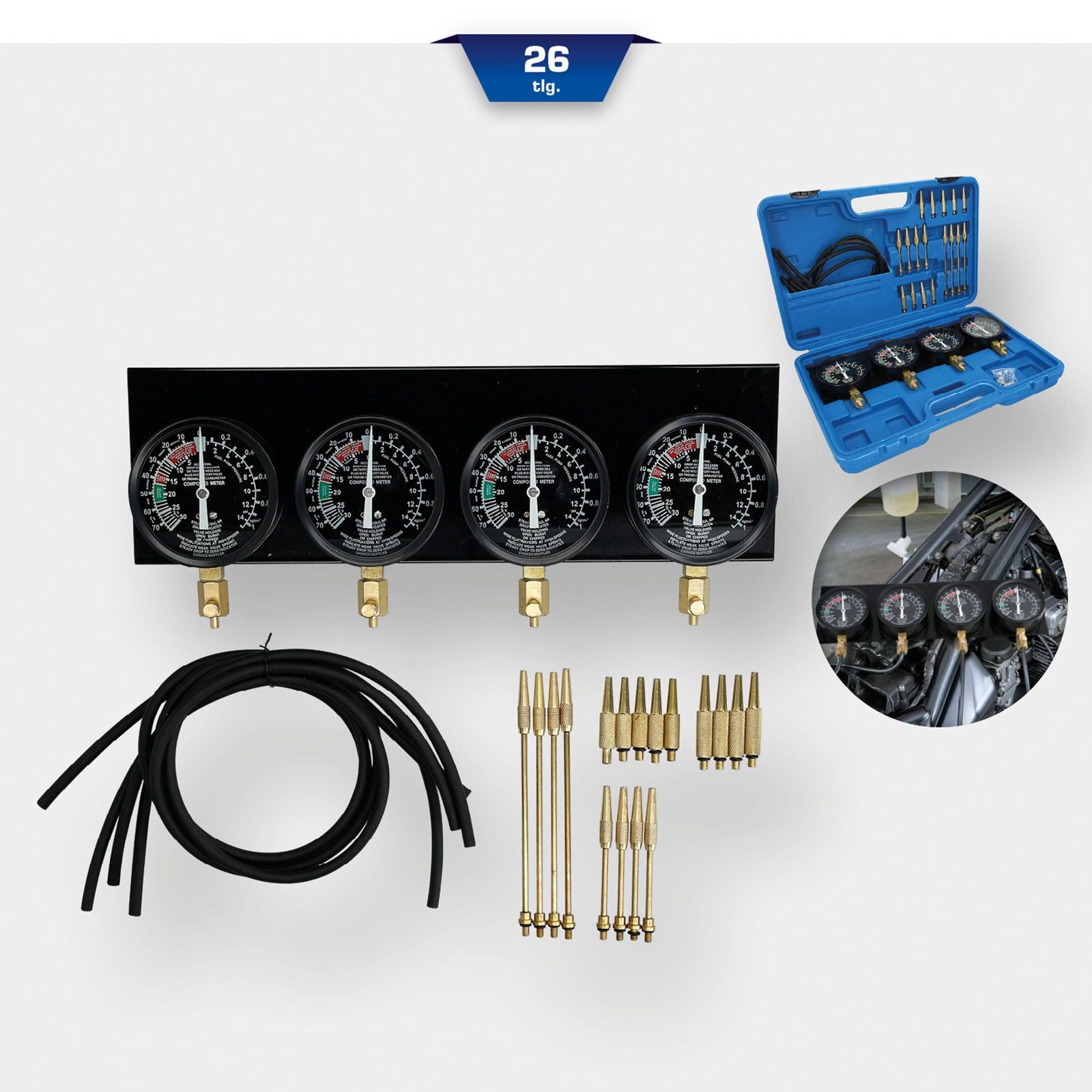 Brilliant Tools Montagewerkzeug BRILLIANT TOOLS Synchron-Vergaser-Testgerät mit 4 Synchronuhren 2...