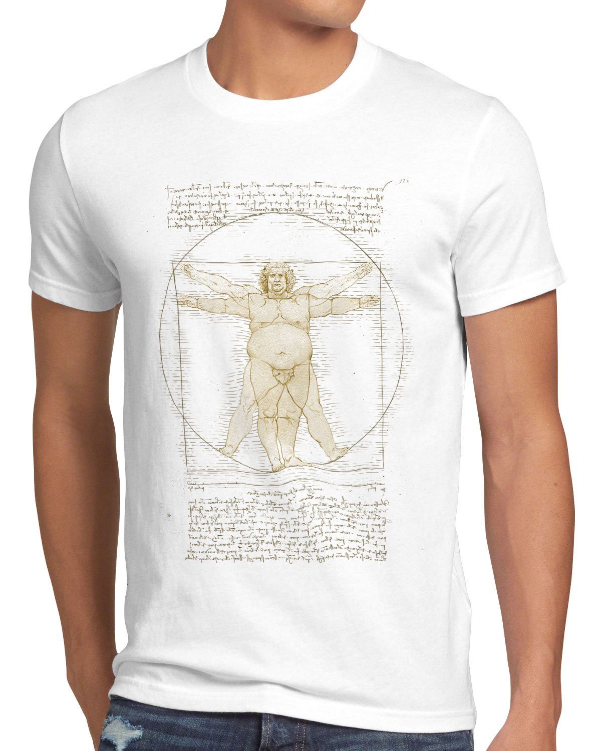 style3 Print-Shirt Herren T-Shirt Dicker Vitruvianischer Mensch übergewichtig leonardo da vinci weiß