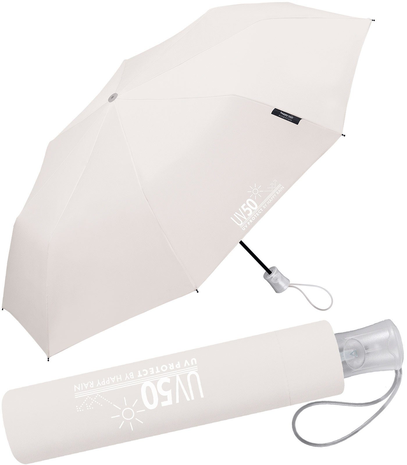 HAPPY RAIN Taschenregenschirm UV-Protect UV50 mit Auf-Automatik und Sonnenschutz, schützt vor Sonne und Regen grau