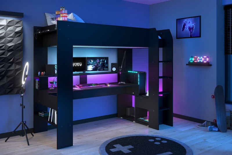 Parisot Hochbett Gaming Hochbett "Online 1" (Komplett Set, 1-St., Hochbett mit Leiter, Schreibtisch, LED Beleuchtung, Stauraum) LED Beleuchtung, USB Anschluss, Schreibtisch, Kaltschaummatratze