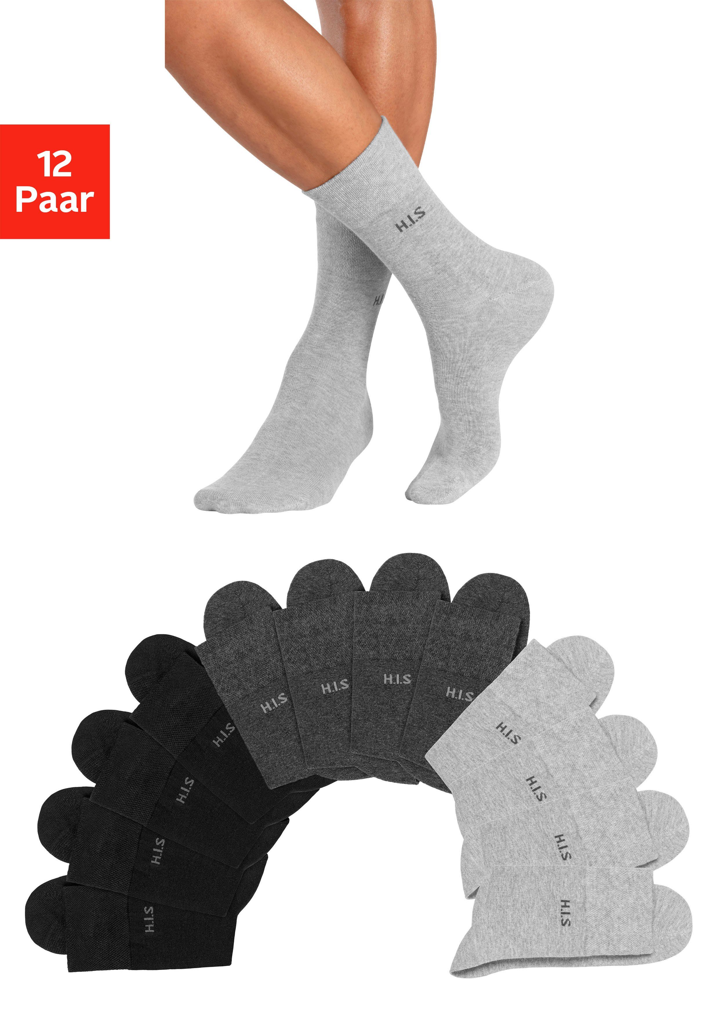 H.I.S Socken (Packung, 12-Paar) ohne einschneidendes Gummi 4x schwarz, 4x anthrazit-meliert, 4x grau-meliert