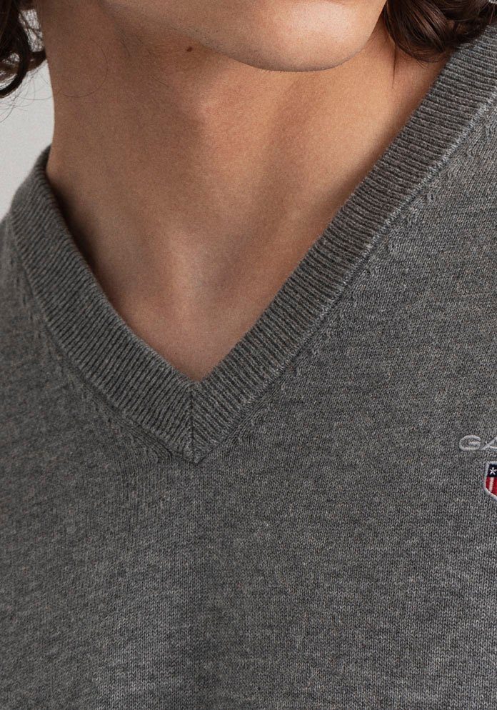 Gant V-Ausschnitt-Pullover Classic Cotton dark Premium Übergangspullover weicher Strickpullver grey 100% aus V-Neck melange Baumwolle
