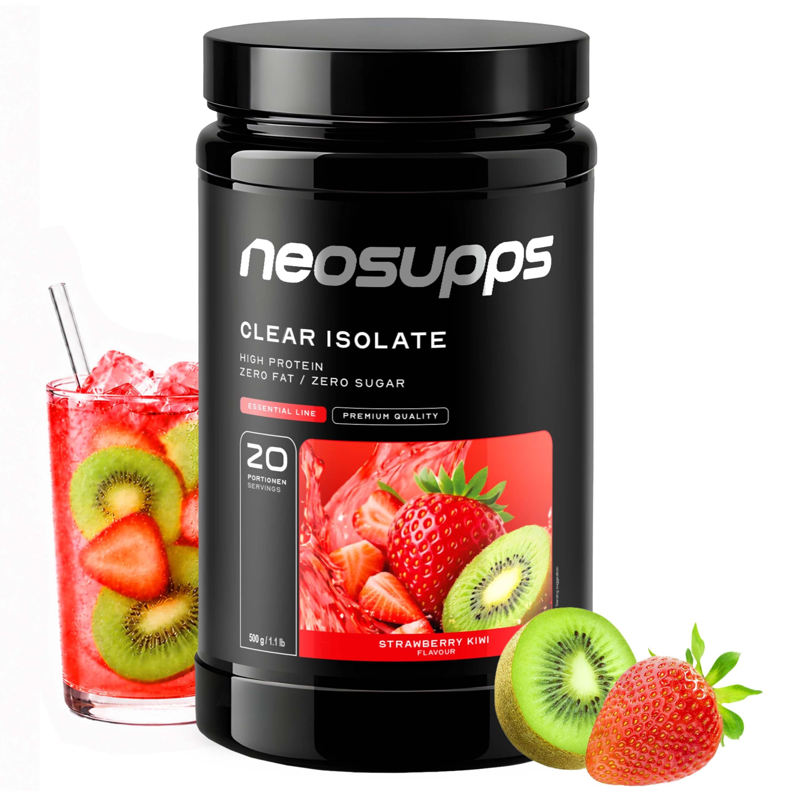Neosupps Clear Whey Isolat Protein Pulver 500g, Strawberry-Kiwi Geschmack Pulver, 500 g, Made in Germany, Hochwertiger Molkenprotein Isolat