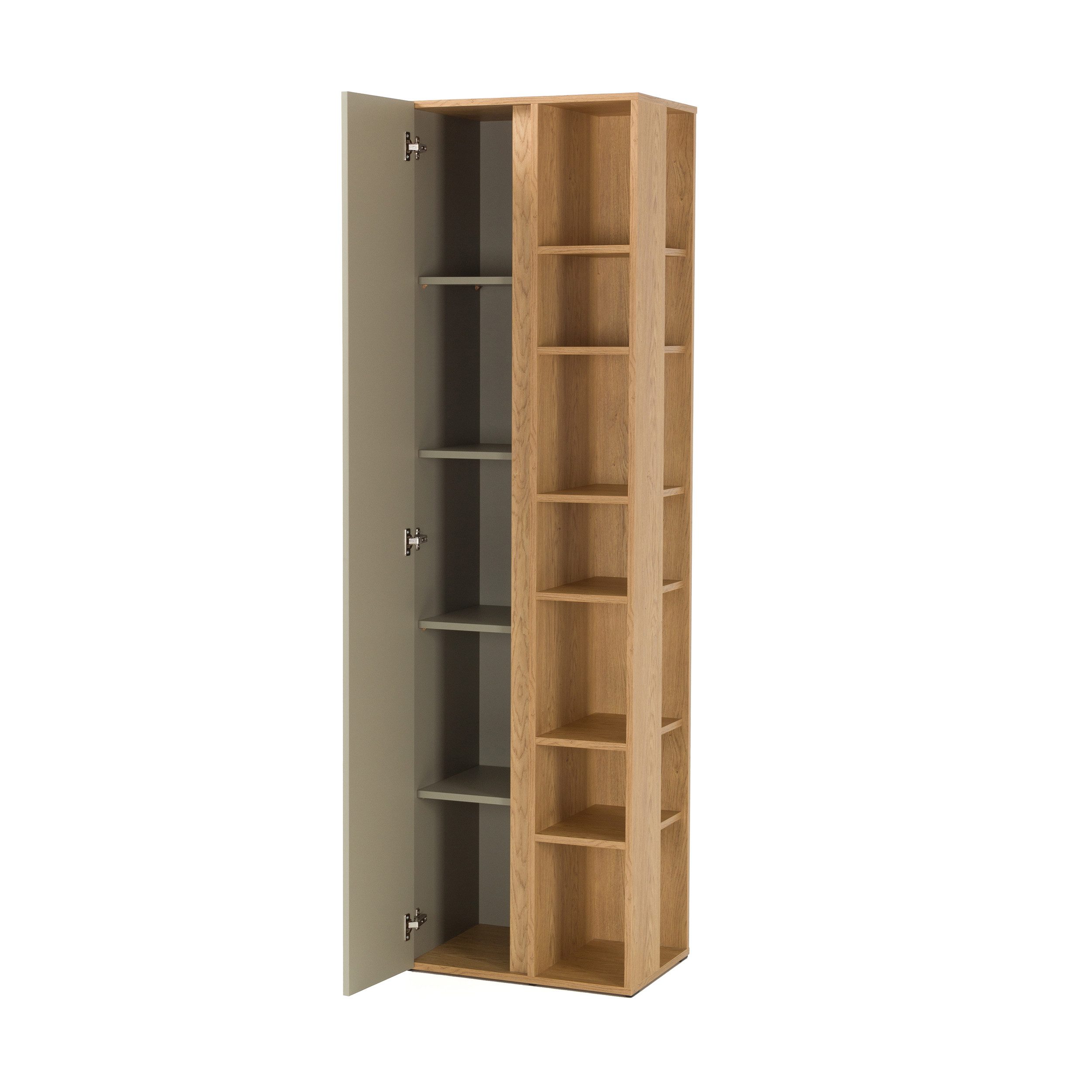 Beautysofa Bücherregal LICO 1 Tür 10 Einlegeböden, modern – wählbar in Sandbeige oder Eukalyptus, Regal 55x40x195 cm