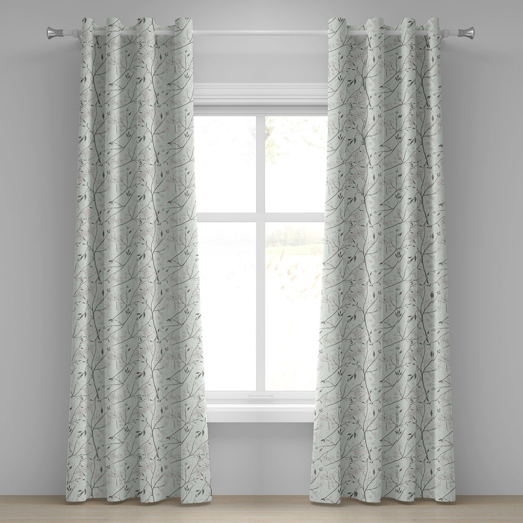 Gardine Dekorative 2-Panel-Fenstervorhänge für Schlafzimmer Wohnzimmer, Abakuhaus, Grau und Mint Rustic Weiß Knospen