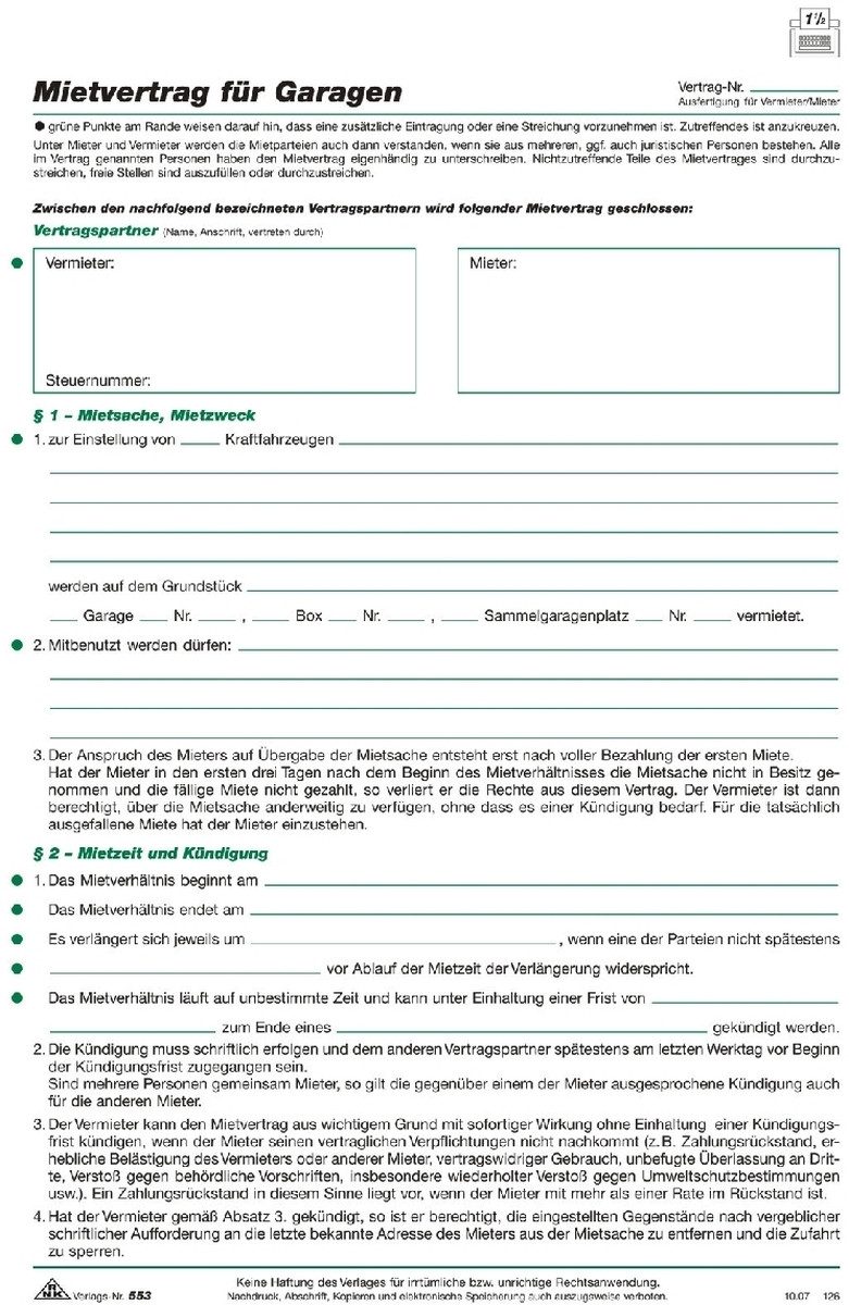RNK Verlag Formularblock Garagen-Mietvertrag 4 Seiten
